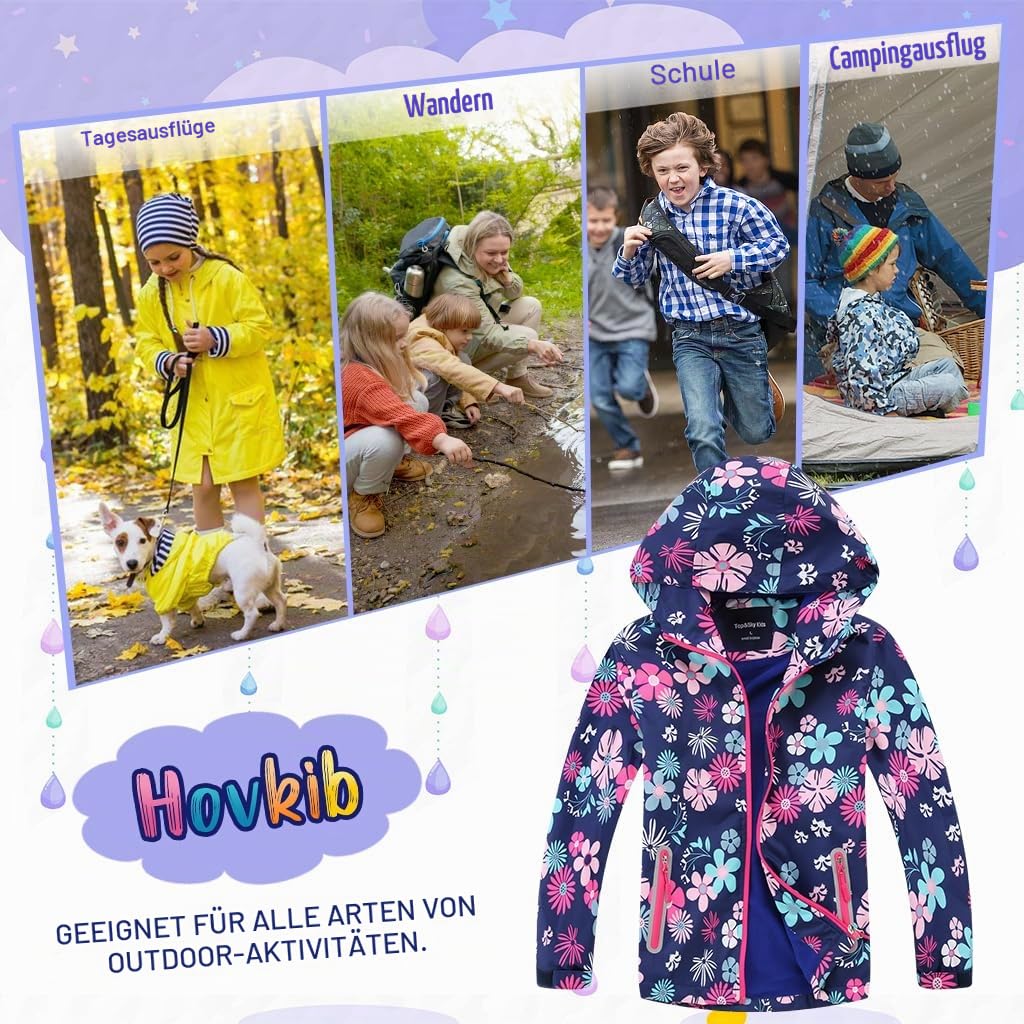 Mädchen Softshelljacke Leichte Wasserdichte Jacke Mädchen Regenjacke Winddichte Wasserdicht Jacke mit Kapuze Wanderjacke Alter 3-12