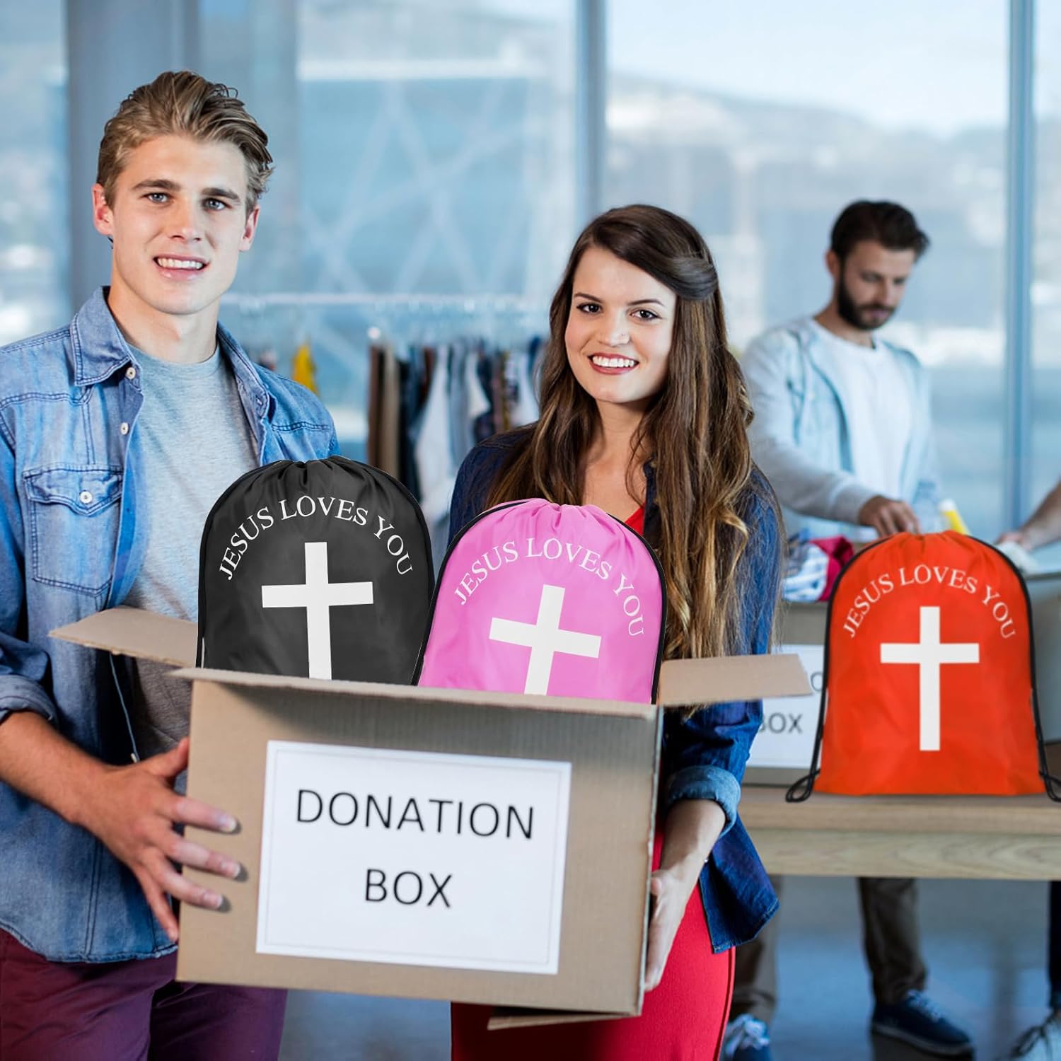 Jesus Loves You Drawstring Backpack Bulk Church School Easter Religious Gift Bag Bible Bag Polyester Backpack for Christian Religion Gift(30 Pcs,Cross)