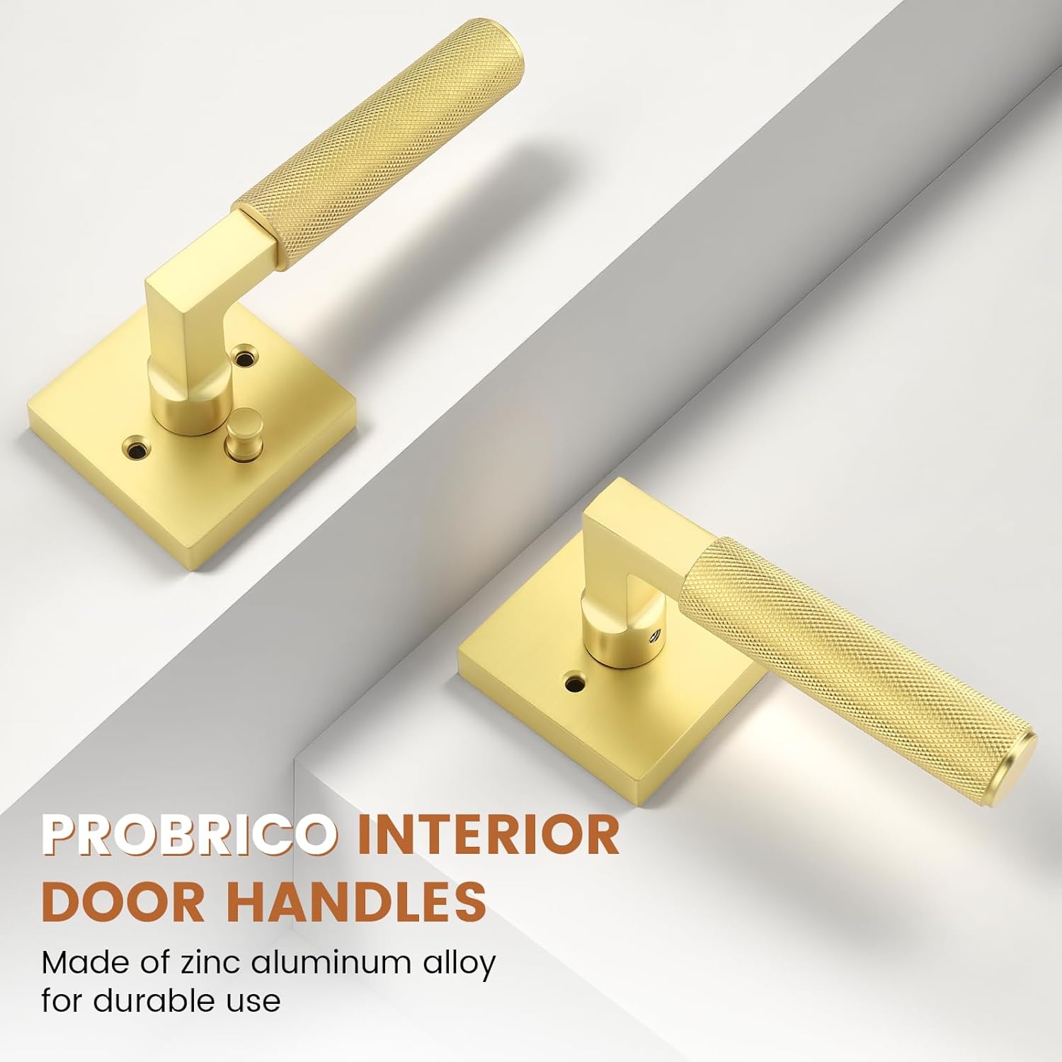 Probrico Brushed Gold Privacy Door Handles,Heavy Duty Interior Door levers for Bed and Bath,Reversible Keyless Square Handle Lever,5 Pack