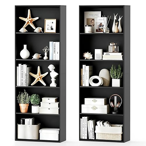 DORTALA 5-Tier Bookcase Set of 2, Tall Shelf Multi-Functional Modern Wood Display Storage, Open Bookshelf for Home Office, Black - 2 - Black