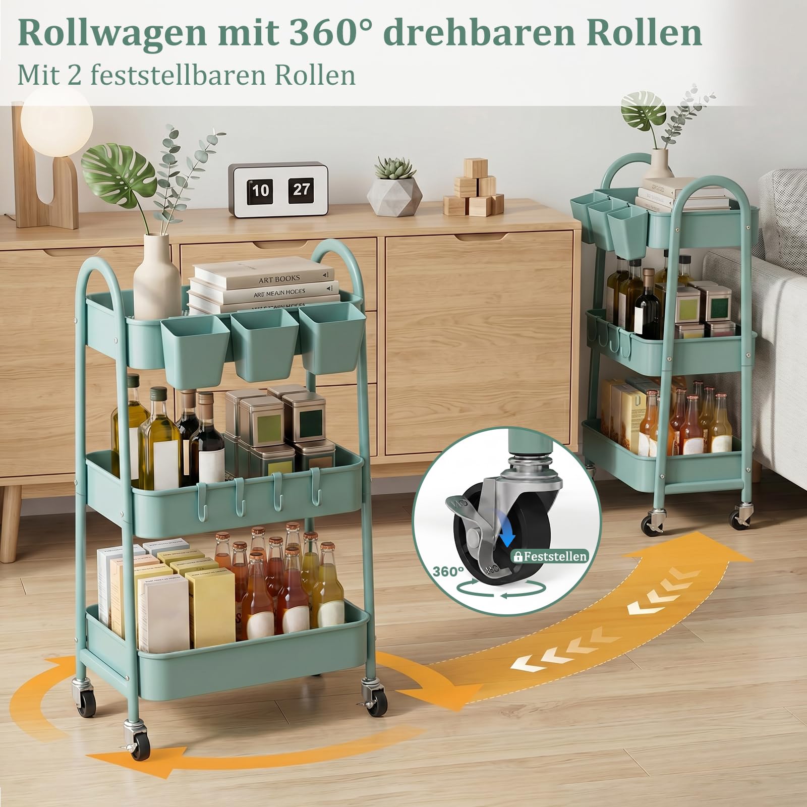 danpinera Wózek z 3 poziomami, metalowy wózek do serwowania z regulowanymi kółkami, wiszącymi kubkami i haczykami, mobilny wózek do majsterkowania do kuchni, łazienki, biura, warsztatu