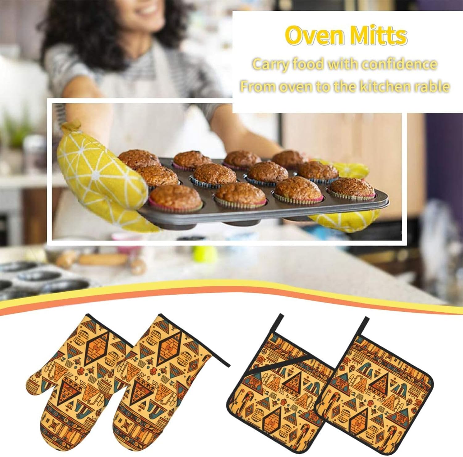 Triangular Building Pattern Printed Oven Mitts + Potholders 4-Piece Set - Great for BBQ Party Cooking