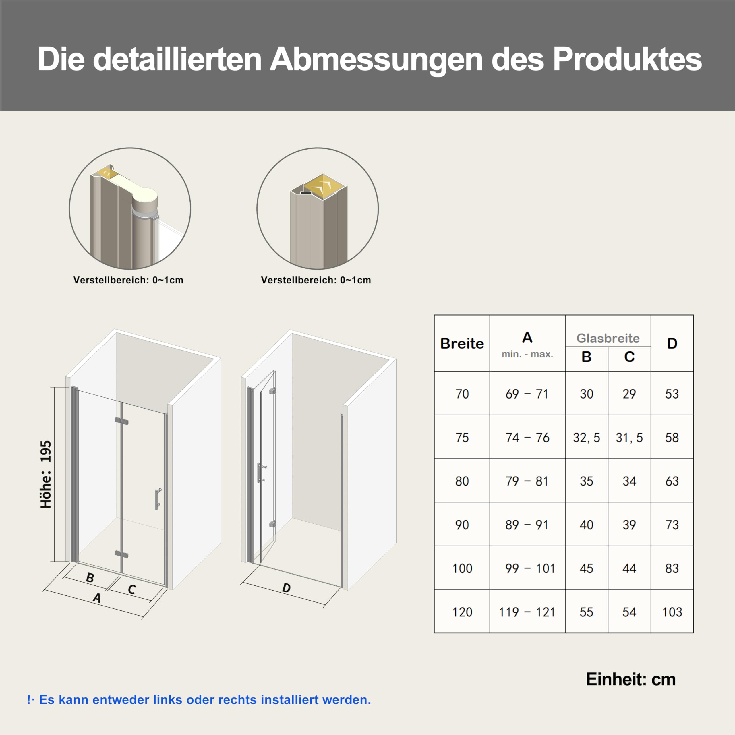 Duschtür 90x195 cm Nischentür Duschabtrennung Falttür Schwingtür 180° Dusche Duschwand Glas Duschtrennwand Nischenduschtür – 6 mm ESG-Glas