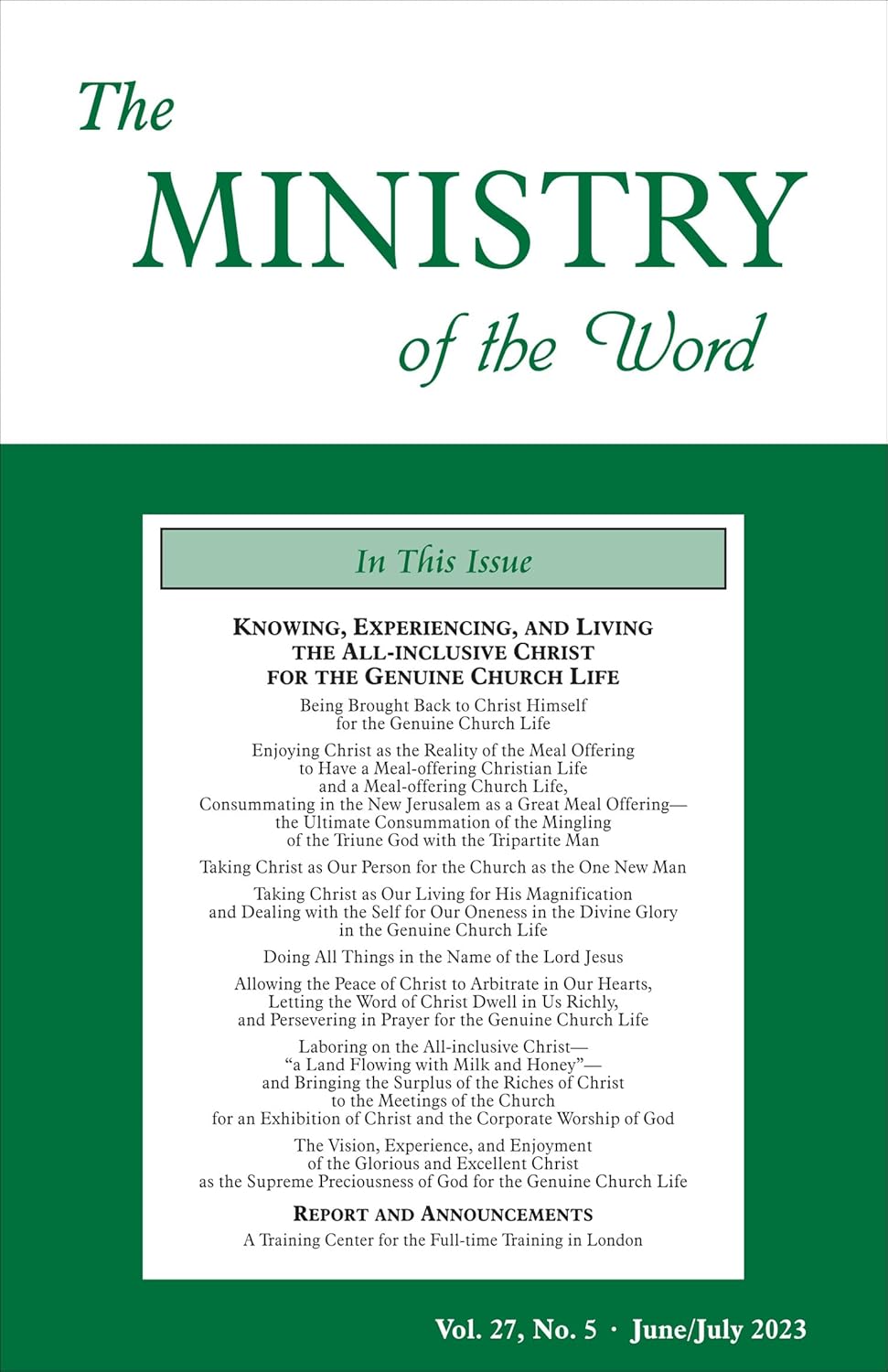 The Ministry of the Word, Vol. 27, No. 05 Knowing, Experiencing, and Living the All-inclusive Christ for the Genuine Church Life