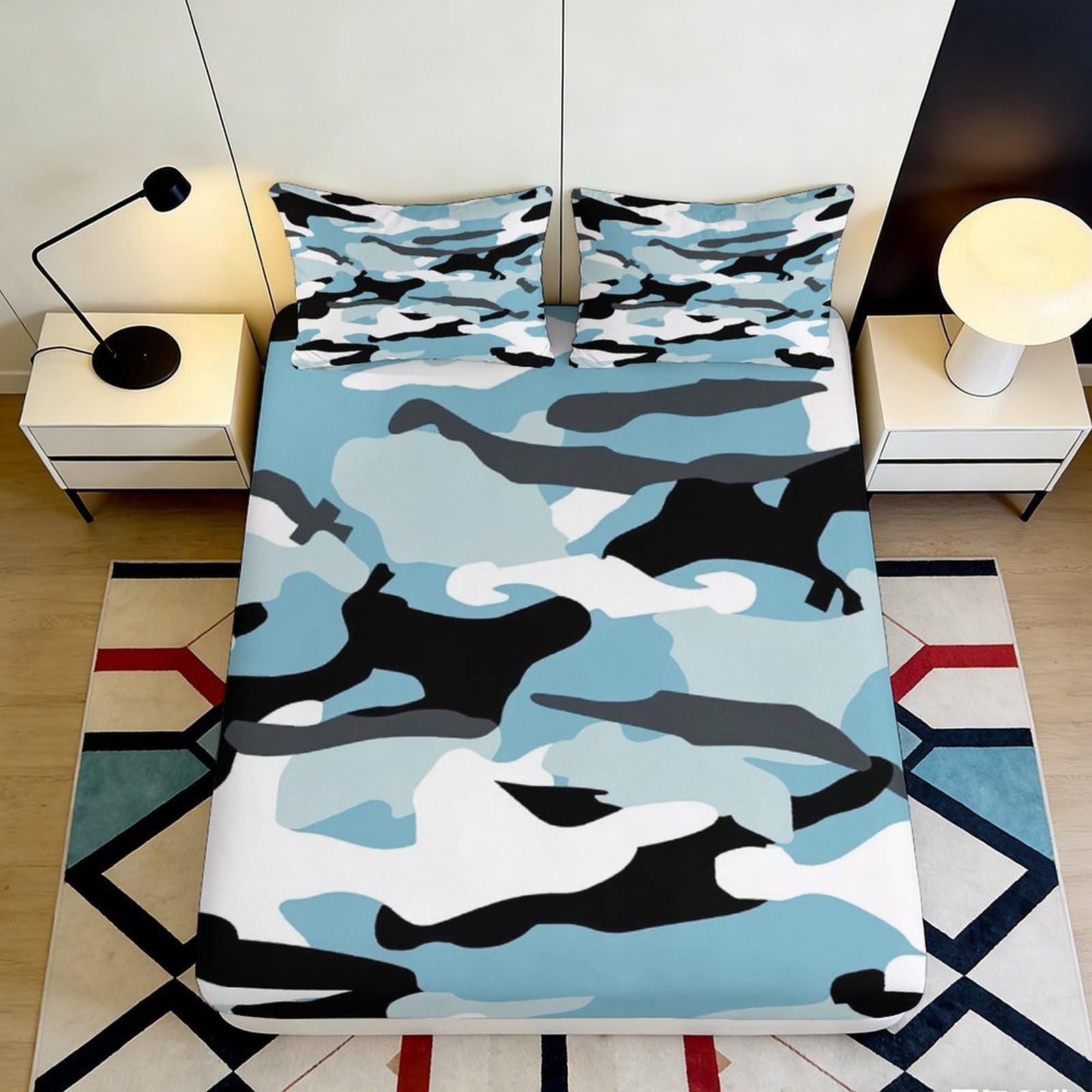 3D Printed Blue Camouflage Fitted Sheet Microfiber Soft Breathable Urban Camo Bed Cover for Bedroom Dormitory Guest Room Mattress Protection 200x200x25cm