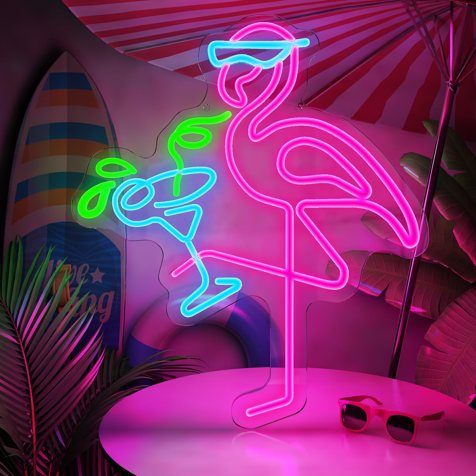 Neon Flamingo Light Up Sign for Hawaii Party, Pink Blue Flamingo Cocktails Neon Sign for Tiki Bar Wall Decor, Tropical Led Sign for Women Girl Bedroom Hawaiian Summer Beer Beach Party Decorations