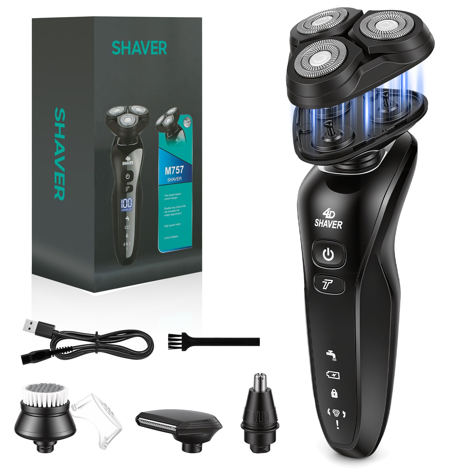 Aolso Afeitadora Eléctrica Hombre,3 in1 Afeitadora Eléctrica,Máquina de Afeitar Barba con Cortapatillas,Shave IPX6 Seco Húmedo Afeitadoras Hombre con Cabezal Flotante 4D para Padre,Novio,Marido o Hijo