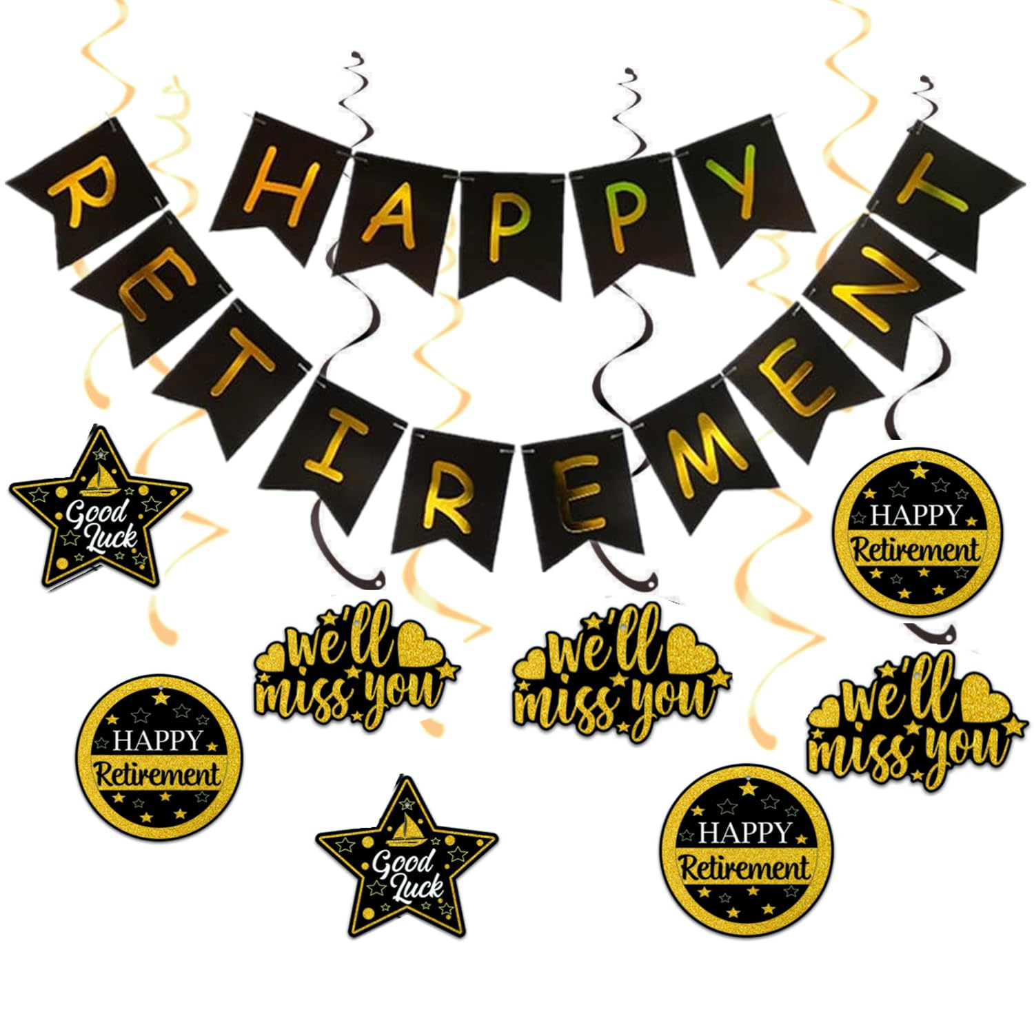 Elicola Retirement Banner, Black Gold, 90 cm x 90 cm, Swirls, Customizable, 1 pc Banner, 8 pcs Swirls, Indoor/Outdoor