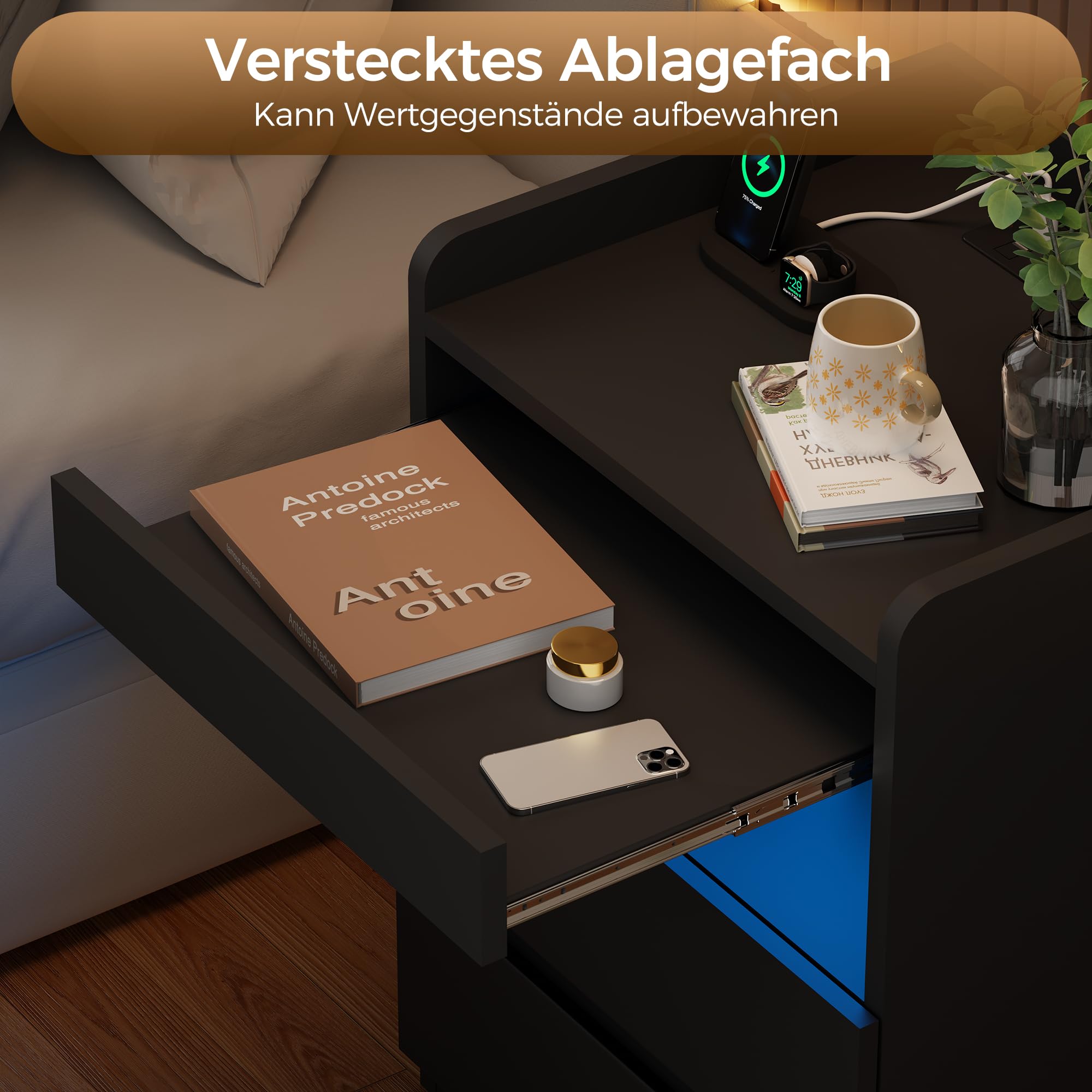 BEWISHOME Nachttisch 2er Set,Nachtschrank mit Verstecktes Fach,Nachttisch mit Steckdose,Einfach und vielseitig Nachtschrank mit Ladefunktion,für Wohnzimmer und Schlafzimmer (Schwarz) EFCG02B