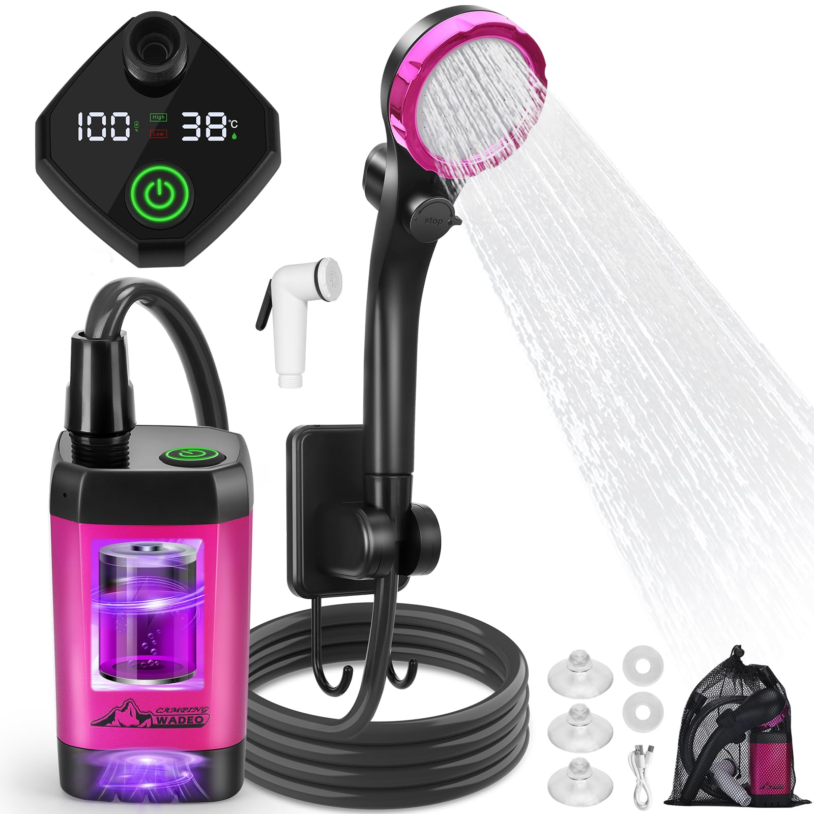 WADEO Tragbare Campingdusche Akku mit Pumpe, Camping Dusche mit wiederaufladbarem Akku [6000-8000mAh], Mobile Duschen Außenduschen mit verbessertem Schlauch, für Camping Reisen Garten Autowaschen