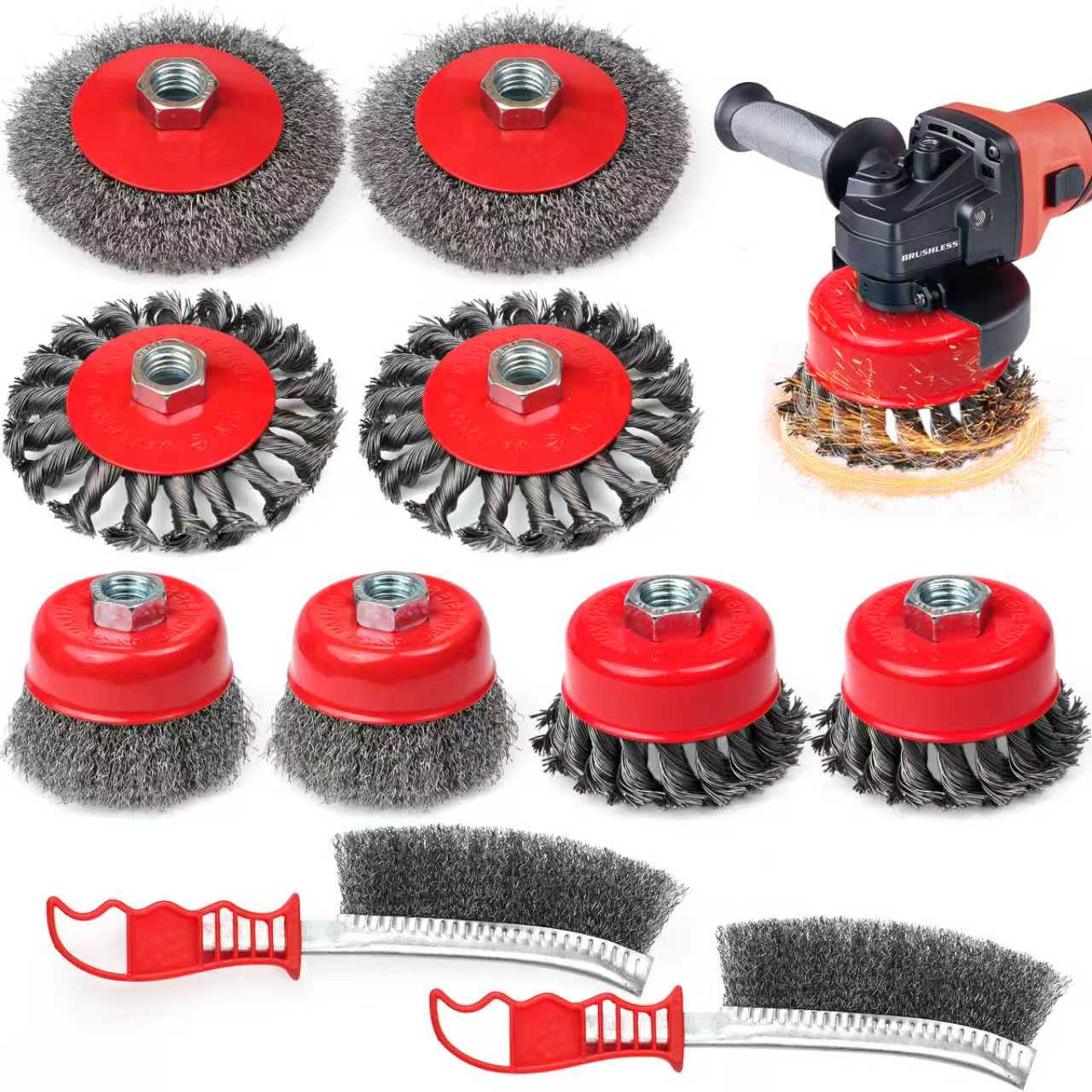 Image of 8pcs Wire Wheel Brush for Angle Grinder & 2pcs Scratch Brushes | 4-1 /2 inch Knotted & Crimped Cup /Wheel Brushes 5 /8 inch-11 Threaded Arbor 3 inch&4 inchCarbon Steel Knotted Brushes for Corrosion Rust Paint