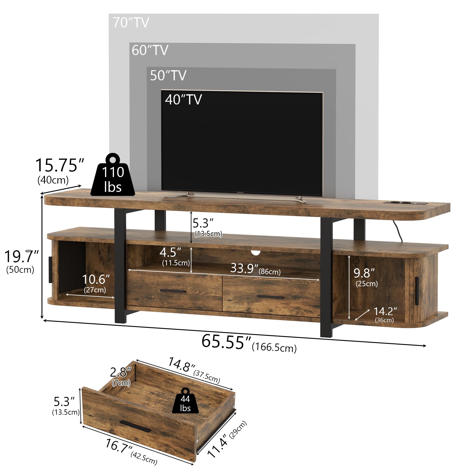 TV-Schrank,166cm TV Lowboard mit 2 Schiebetüren und 2 Schubladen,Fernsehschrank für TVs bis 70 Zoll,Fernsehtisch mit integriertes Kabelmanagement,TV Board,Fernsehschrank für Wohnzimmer,Vintagebraun