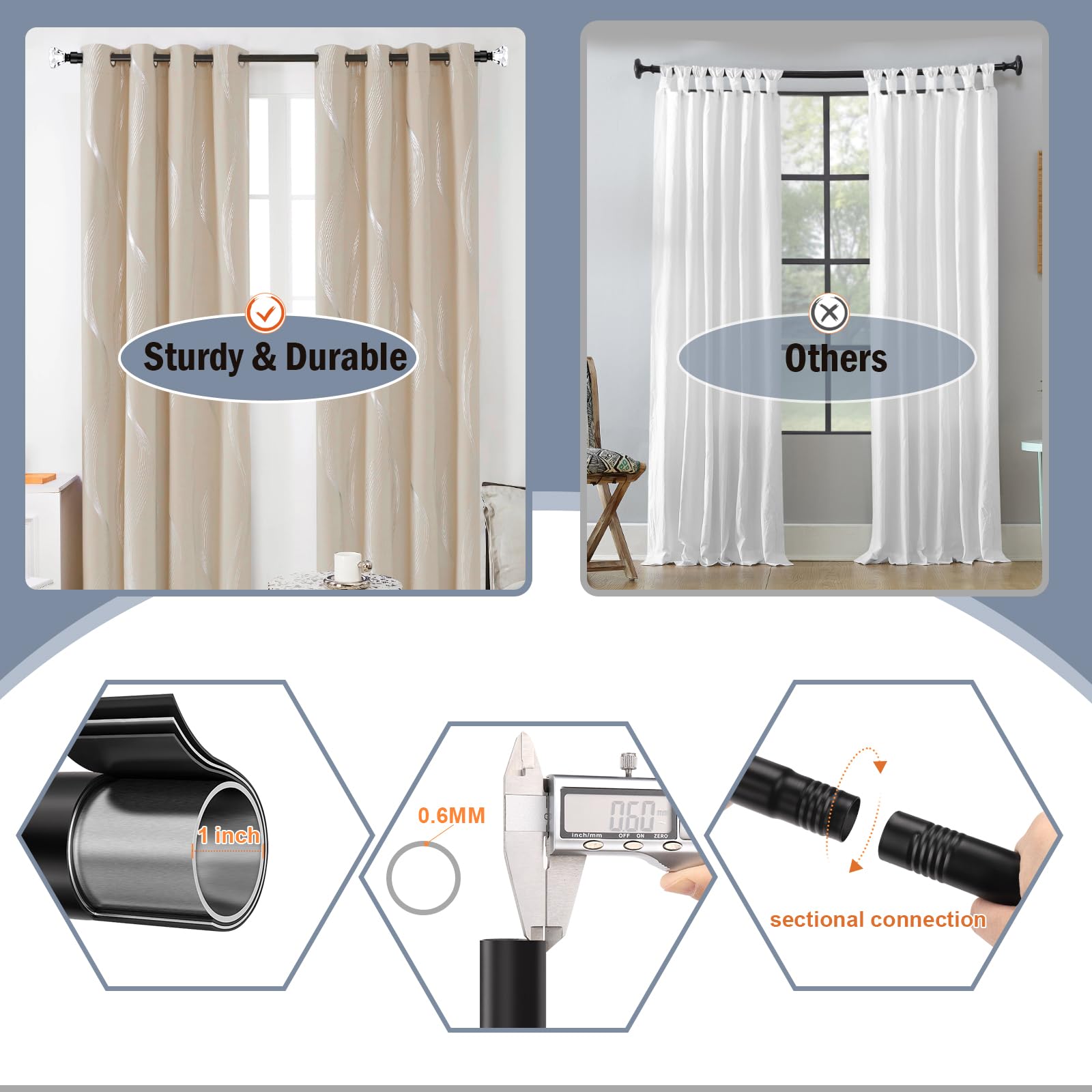 Orger 2,5 cm Diamant Gardinenstange 2 Stück Teleskop für Fenster von 30 bis 80 Zoll Schwarz Gardinenstangen Verstellbar Dekorative Einzel Gardinenstangen Set mit Modern Diamant Design