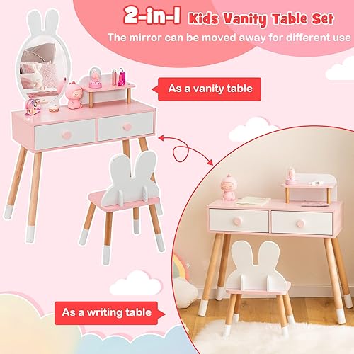 Miniatura 3 de GLACER Juego de mesa y silla para niños, juego de tocador con silla, espejo extraíble, 2 cajones grandes, estante de almacenamiento y patas de