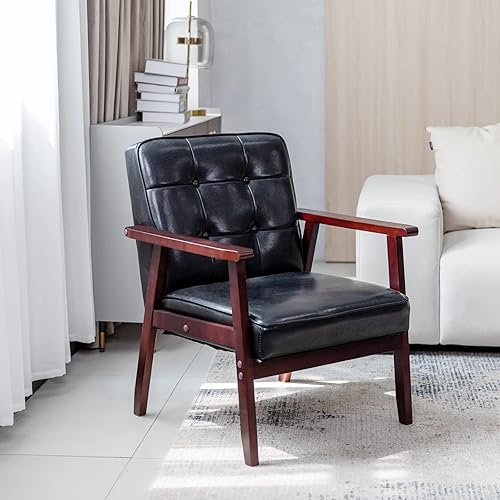 Okeysen Silla decorativa moderna Mid-Century de cuero retro para sala de estar, sofá individual de madera maciza con cojín, sillas de salón con