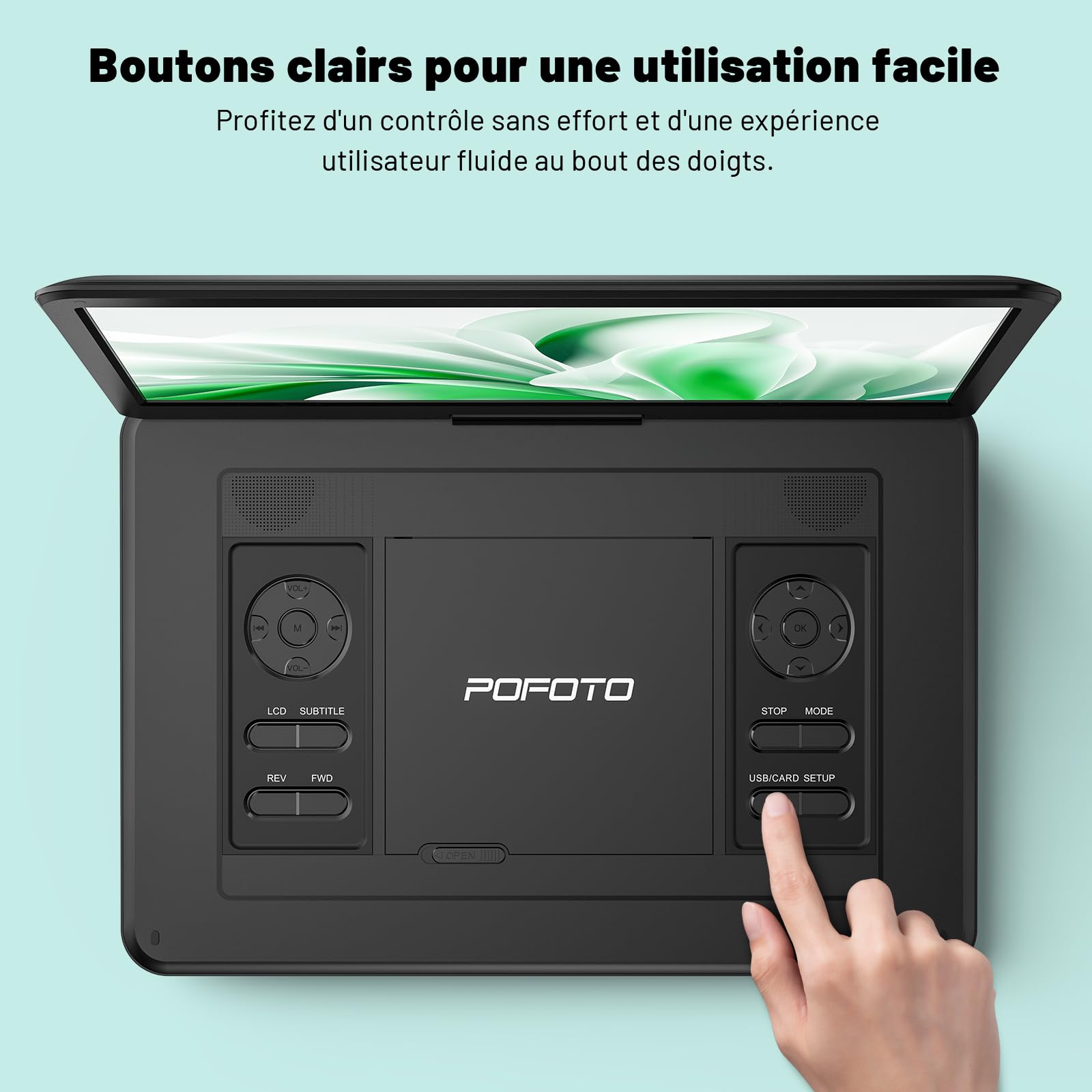 POFOTO Lecteur DVD Portable 17,5'' Écran Pivotant HD 15,6" 6h Autonomie Multiformat Disques SD USB sans Région Sortie TV Projecteur Haut-parleurs Stéréo
