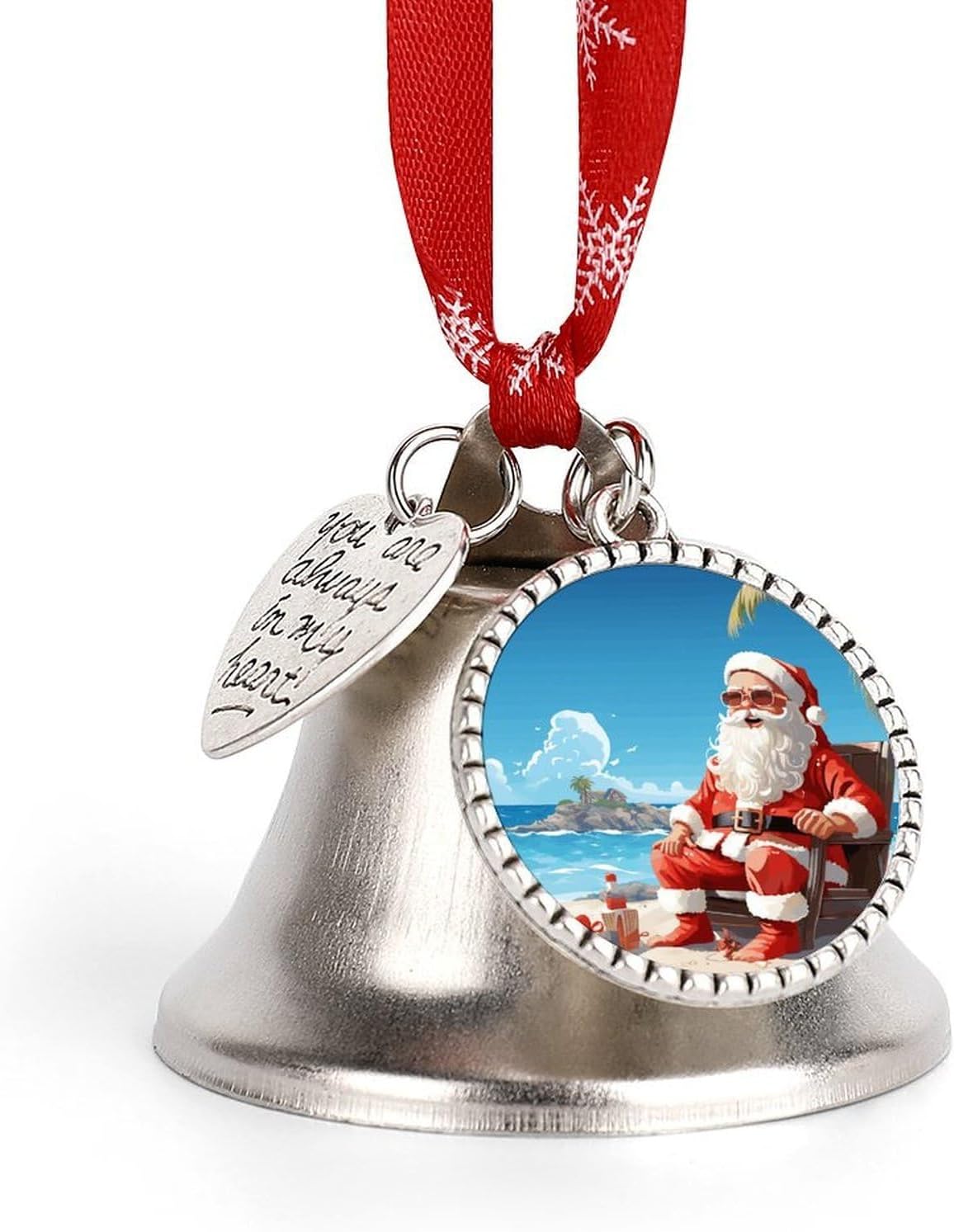Santa Claus at Beach Christmas Bells Ornaments with Wings & Heart Silver Bell Pendant for Christmas Tree Home Door Mantle Fireplace Decoration