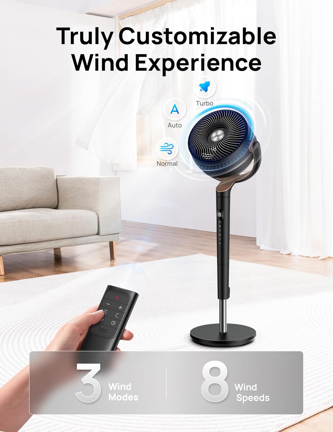 DREO Fan for Bedroom, 120°+120°Omni-directional Oscillating Fan, 90ft, DC Motor, 20 dB Quiet Standing Pedestal Fans, 8 Speeds, 3 Modes Circulator with Remote, 35-40"Adjustable Height, 8H Timer, Black 6 71I3LLwCISL. AC SL1500