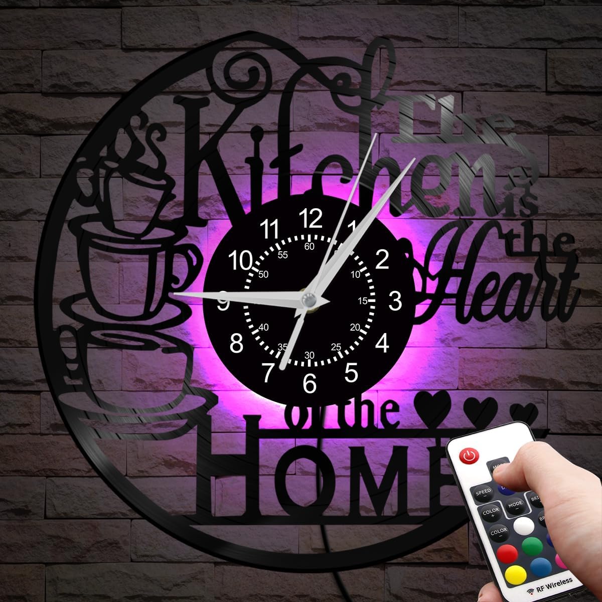 12'' Kitchen Vinyl Record Wall Clock 7 Kinds of LED Color, Kitchen Heart Home Theme Wall Clock Night Light Silent Non Ticking Coffee Bar Wall Watch Clock for Women Wife Restaurant Dining Room