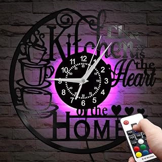 TIMEGLOW 12" Vinyl Record Kitchen Wall Clock with 7 LED Colors - Silent Non-Ticking Coffee Bar Night Light Decor for Home