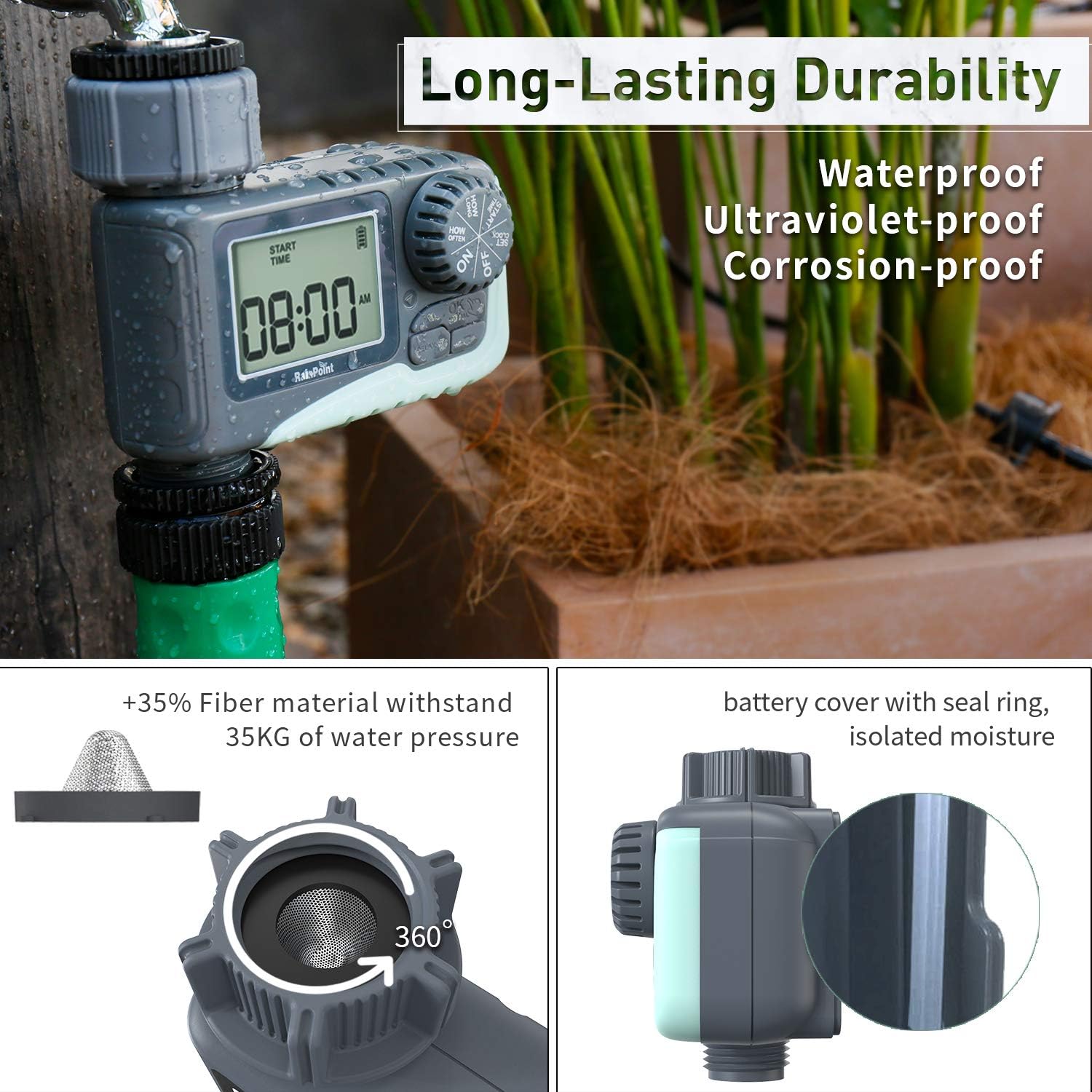 RAINPOINT Sprinkler Timer,Water Timer Programmable Garden Outdoor Hose Feature Timer with Rain Delay/Manual/Automatic Watering System,Waterproof Digital Irrigation Timer System for Lawns Pool,1 Outlet : Patio, Lawn & Garden