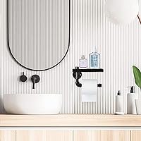 Vista 3 de Soporte de papel higiénico con estante, colgador industrial de papel higiénico montado en la pared con estante de madera rústica para baño, baño