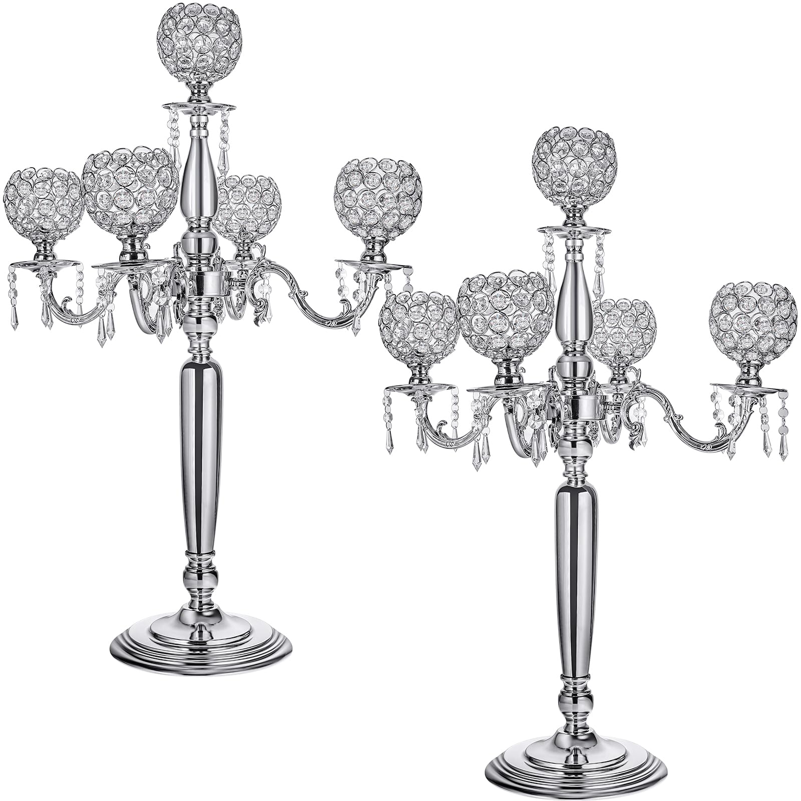 Tioncy 2 Pack Silver Candle Holders for Table Centerpiece, Arm Crystal Candelabra Centerpieces with 5 Flower Bowl Holder, 29.5 Inch Tall Silver Table Candelabra for Wedding Dinner Party Decoration