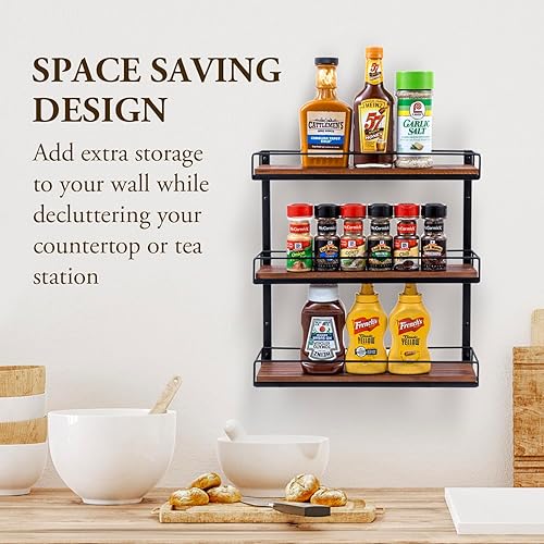 Miniatura 3 de MyGift Estante de especias montado en la pared de 3 niveles, metal negro y madera maciza quemada, coctelera de condimentos para colgar en la cocina,
