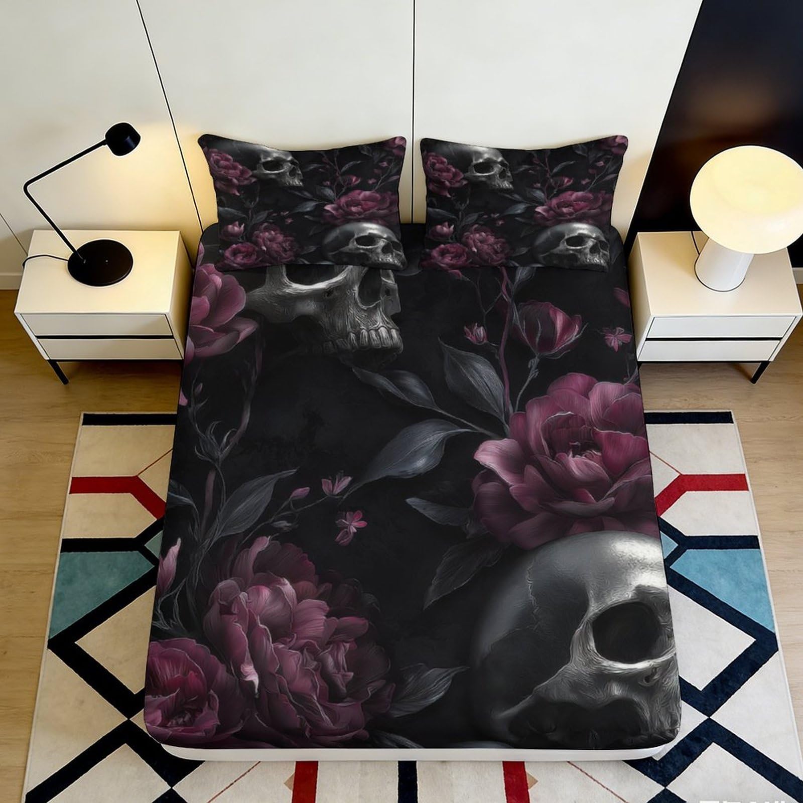 3D Printed skull floral Fitted Sheet, soft touch Microfiber, wrinkle resistant, guest room bedding, dark home decor, easy care, mattress cover, stylish accent, bedroom protector, 120x200cm 90x200x25cm