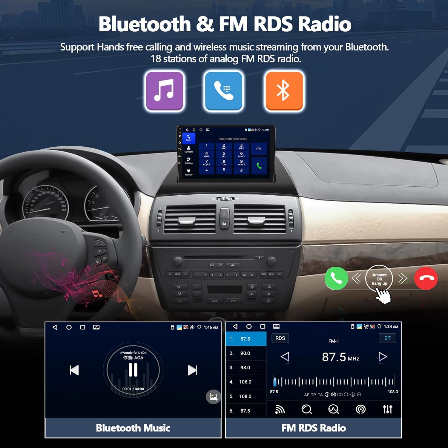 Car stereo screen showing Bluetooth phone call interface with a dial pad and contacts, and an FM radio interface displaying frequency and station presets. Icons for music, phone, and Bluetooth are also visible.