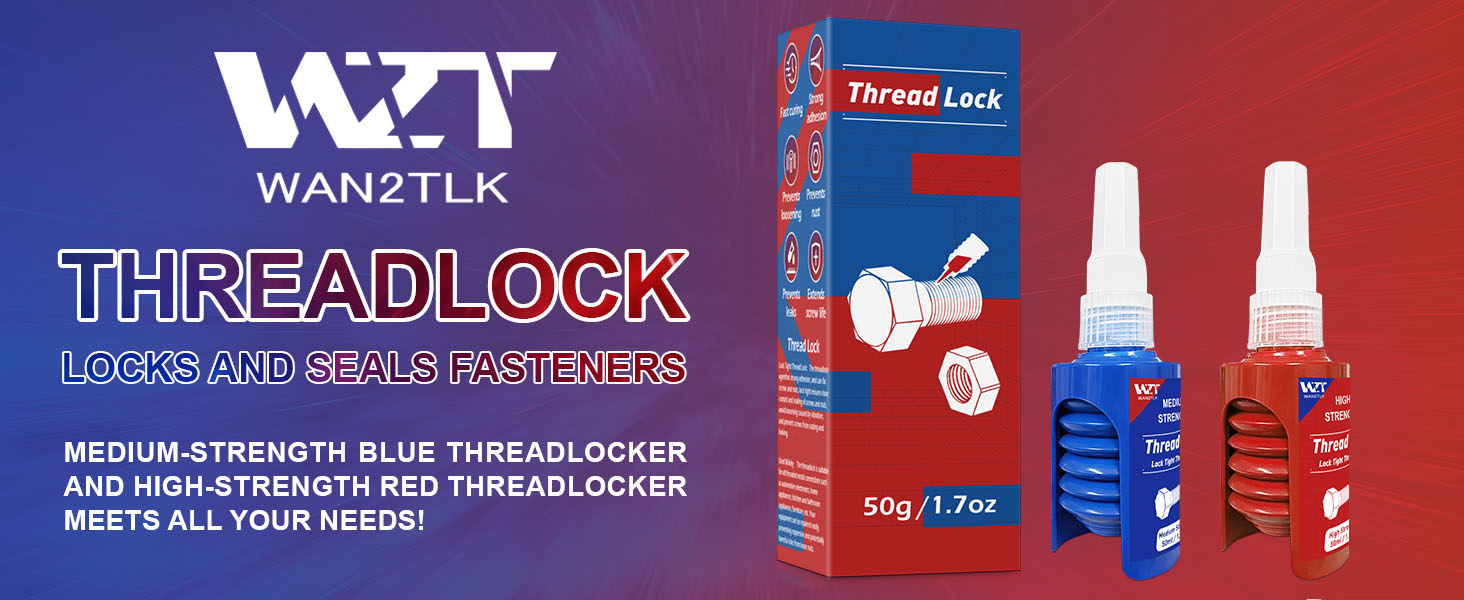 Image of Thread Lock Blue and Red, Lock Tight Threadlocker Medium and High Strength, Thread Locker for Nuts, Bolts, Fasteners and Metals, Prevent Loosening and Corrosion (50 mlx2)
