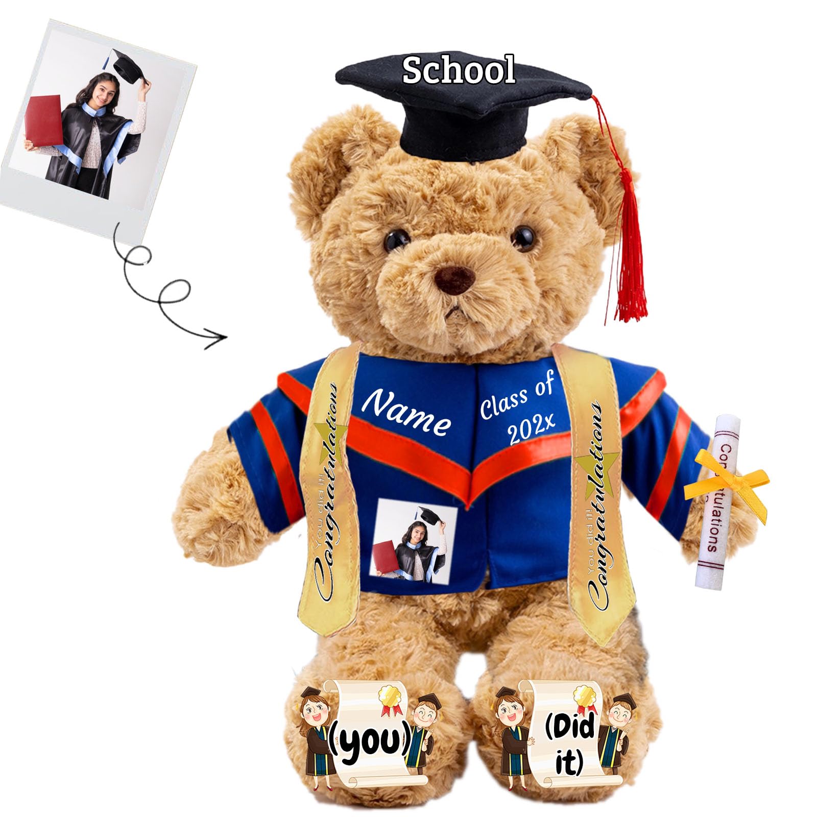 JABECODIFA Graduation Gifts 2025 Teddy Bear with Text+Photo, Personalised Bear Plush Toys as Graduation Gifts for Her Him as High School College Kindergarten Graduation Day (11 IN-Text+Photo)