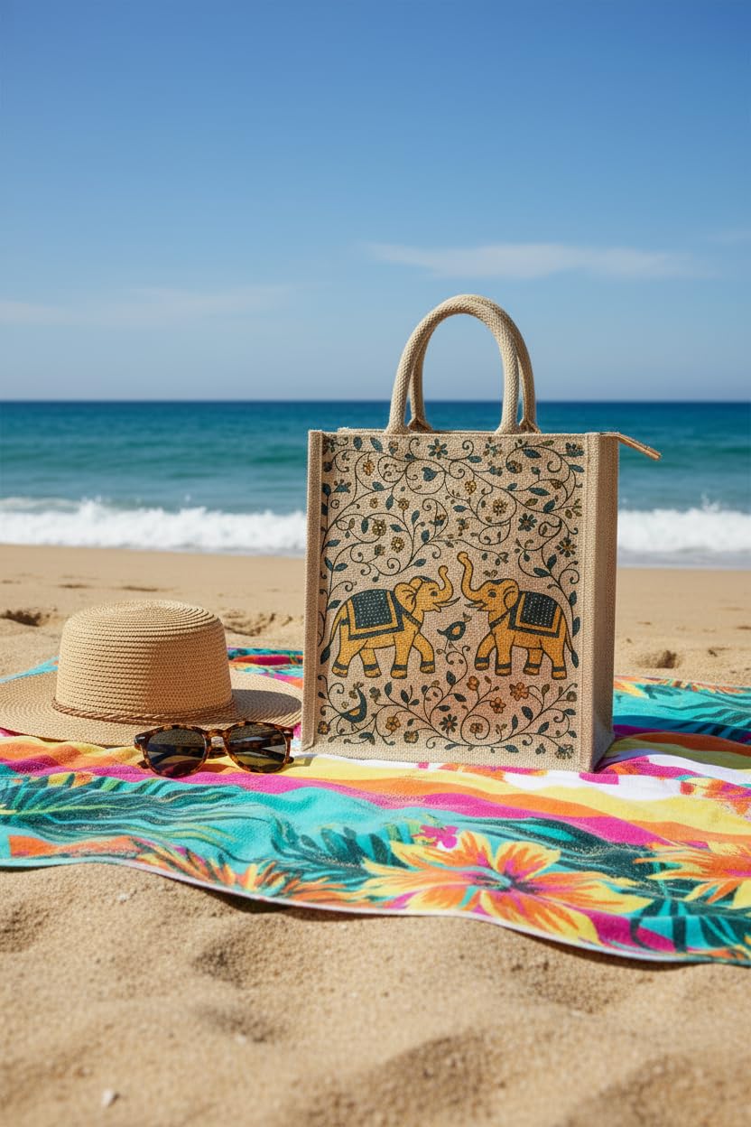 AVLUZ Natural Elephant Printed Jute Bags With Zipper Closure - 15 * 12 * 5 Inch (Pack Of 1) 3