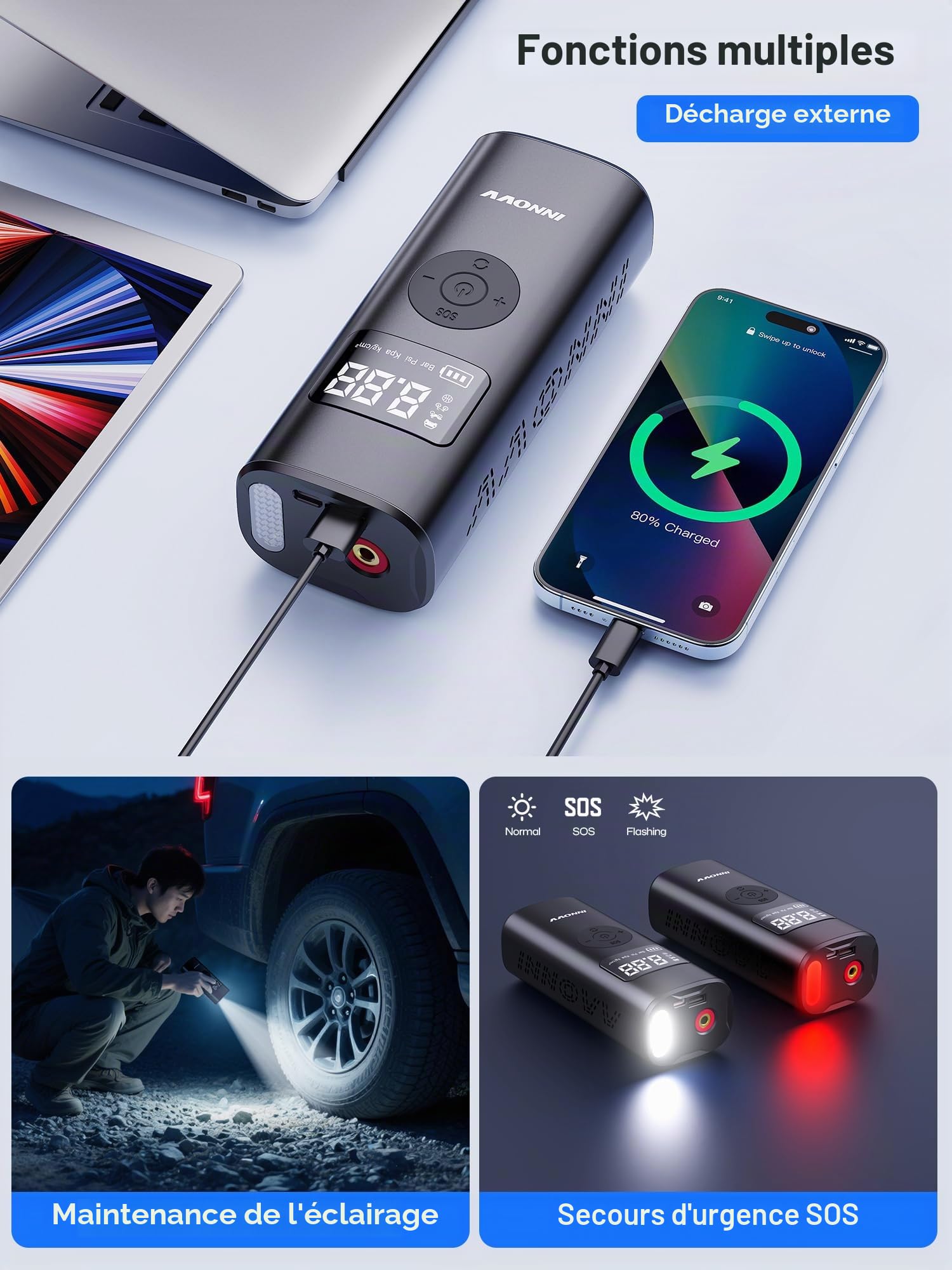 INNOVV P1 Gonfleur de pneu Compresseur d'air, pompe à vélo électrique portable avec manomètre numérique et lumières d'urgence, 150 psi, rechargeable pour voiture, vélo, moto, ballon