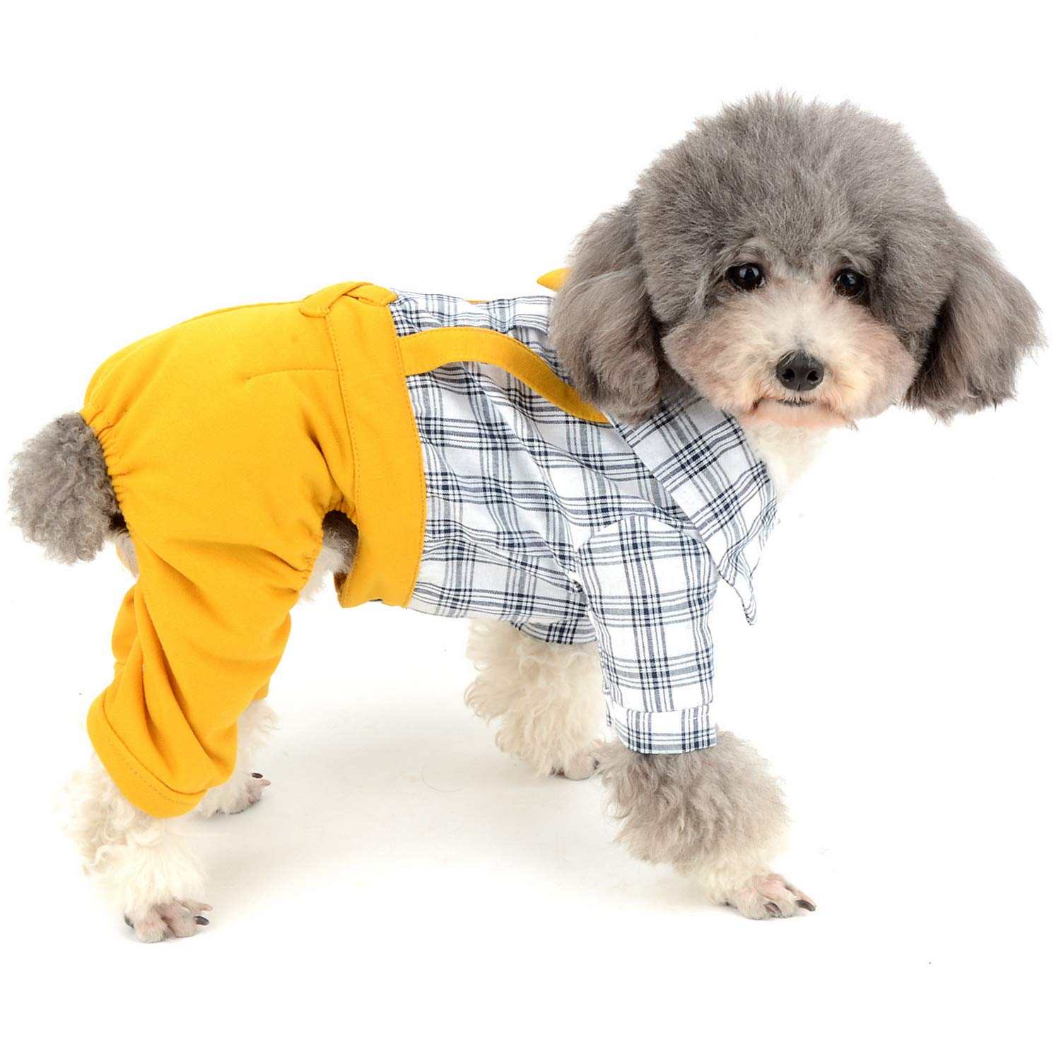 Zunea Dog Plaid Jumpsuit with Bow Gentle Overalls Formal Puppy Outfits Costume Western Four Legs Rompers Party Wedding Pet Cats Clothes for Small Dogs Boy Yellow XXL