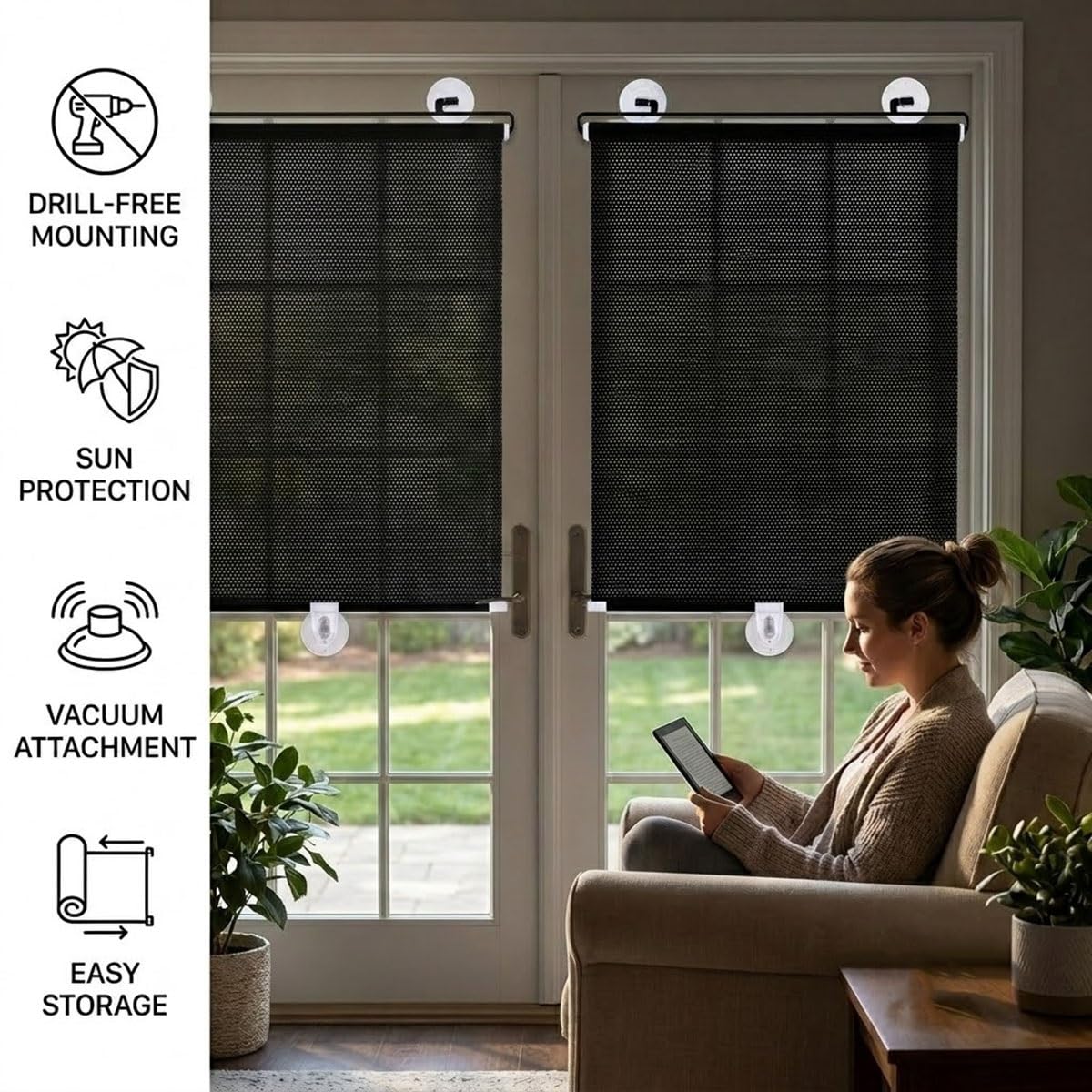 Tende Oscurante a Rullo con Ventose Senza Fori, Parasole da Interno Termico per Finestra, Balcone, Ufficio e Auto, Tapparella Portatile, Nera, Protezione UV(23"Wx64"H)