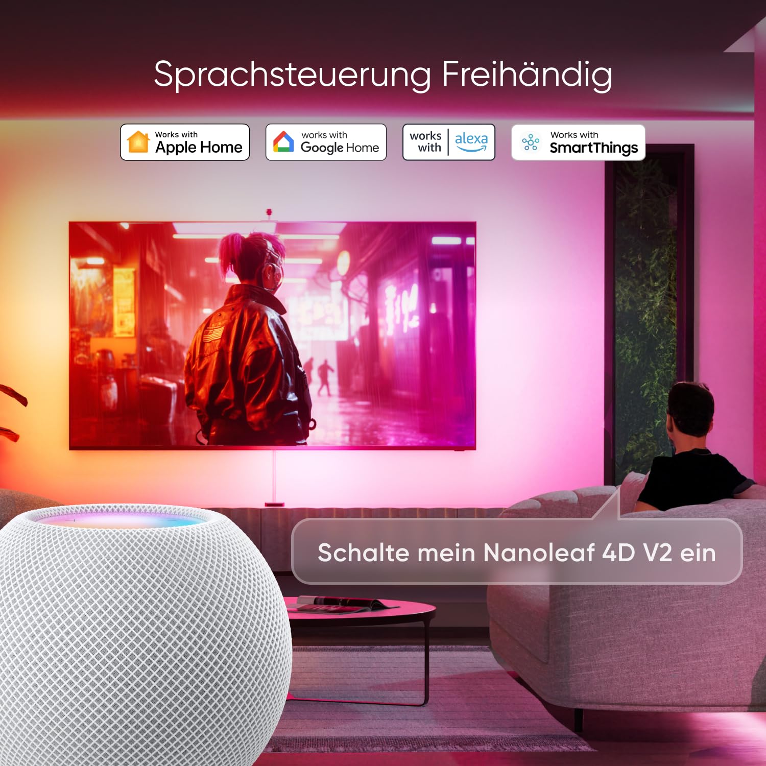 Nanoleaf 4D V2 Screen Mirror Zickzack Lightstrip Kit für TV/Fernseher bis zu 65 Zoll (165 cm) - Smart RGBW LED Streifen Hintergrundbeleuchtung + Kamera, Funktioniert mit Alexa Apple