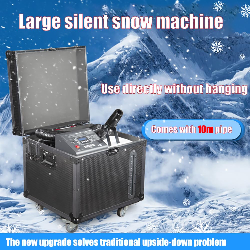 Máquina de nieve comercial súper silenciosa Máquina de efectos de escenario para hacer copos de nieve de 1500 W con tubo de extensión de 10 m y estuche de vuelo, distancia de pulverización de 10 m,