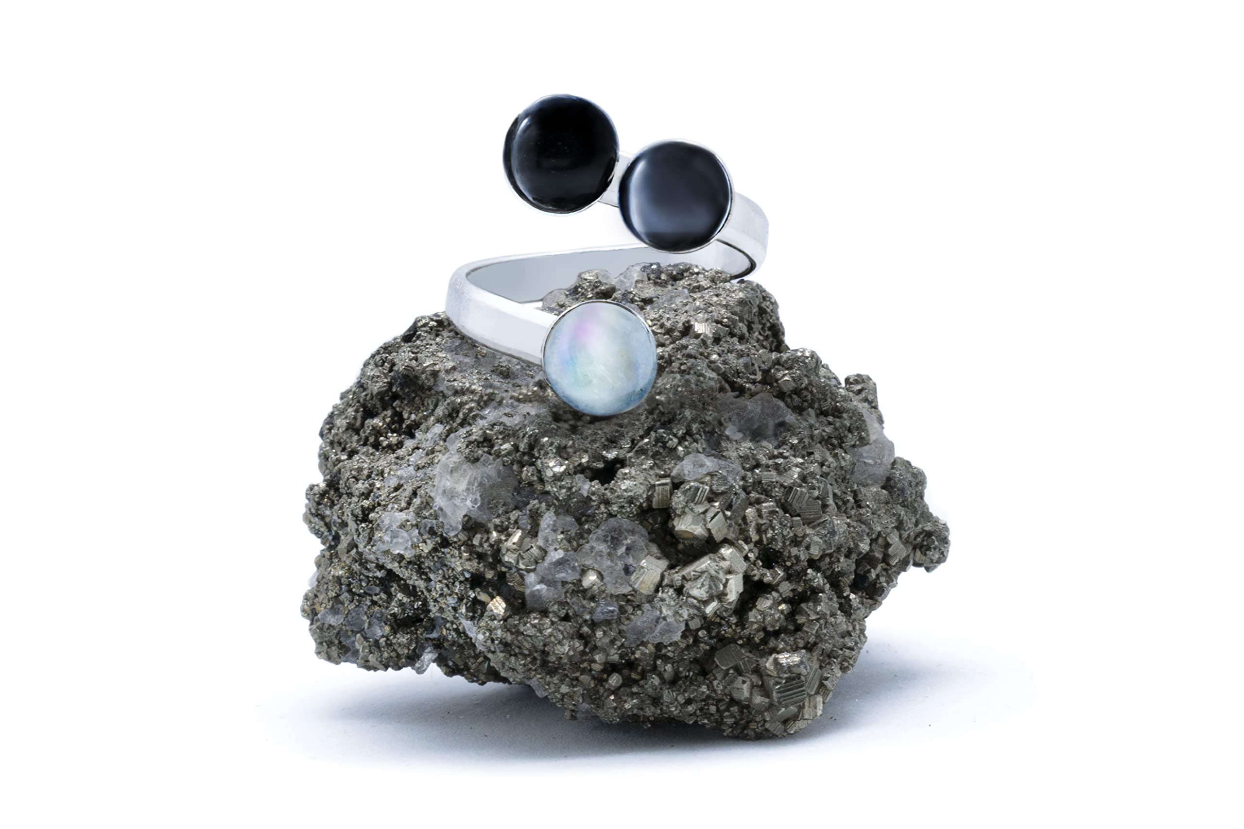 925 Silber Trilogy Ring mit Regenbogen Mondstein, Hämatit und schwarzer Onyx (Naturstein) 6mm - Verstellbaren Ringen, von XS bis XL, für Männer für Frauen - Kostenlose Geschenkbox
