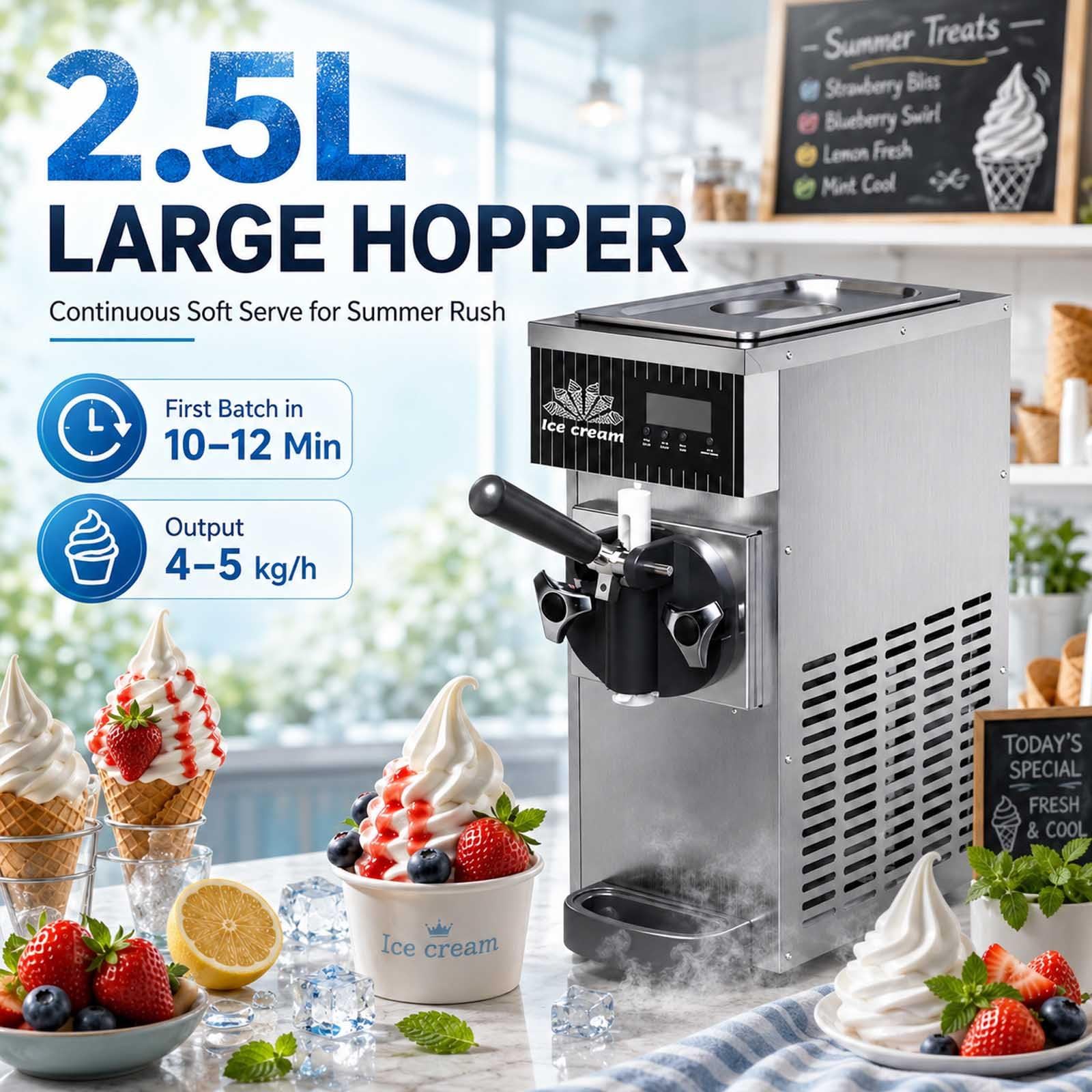 Macchina per gelato, 450 W, per servire dolcemente e servire in modo commerciale, 4-5 kg/ora, pannello touch LCD, pulizia con un pulsante, ideale per ristoranti e snack bar