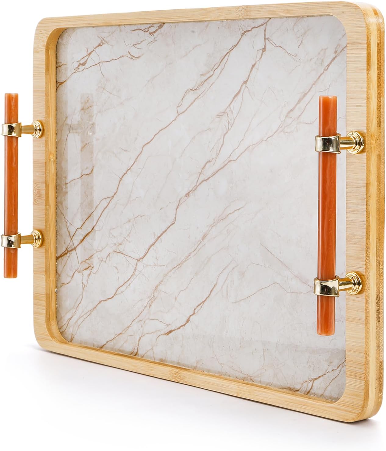 DEAYOU Bamboo Serving Tray with Handles, Marbling Decorative Ottoman Tray, Large Serving Platter for Coffee Table, Breakfast, Dinner, Perfume, Kitchen Counter, Living Room, Rectangle, 15.5"Lx 11.5"W - Image 4