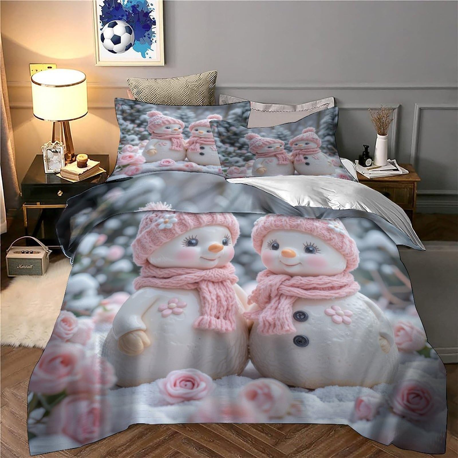 Winter Schneemann 3D Print Bettbezug Microfaser Schlafzimmer Deko Pärchen Schnee Bettwäsche Set Hautfreundlich Atmungsaktiv für Erwachsene Super King（260x220cm）