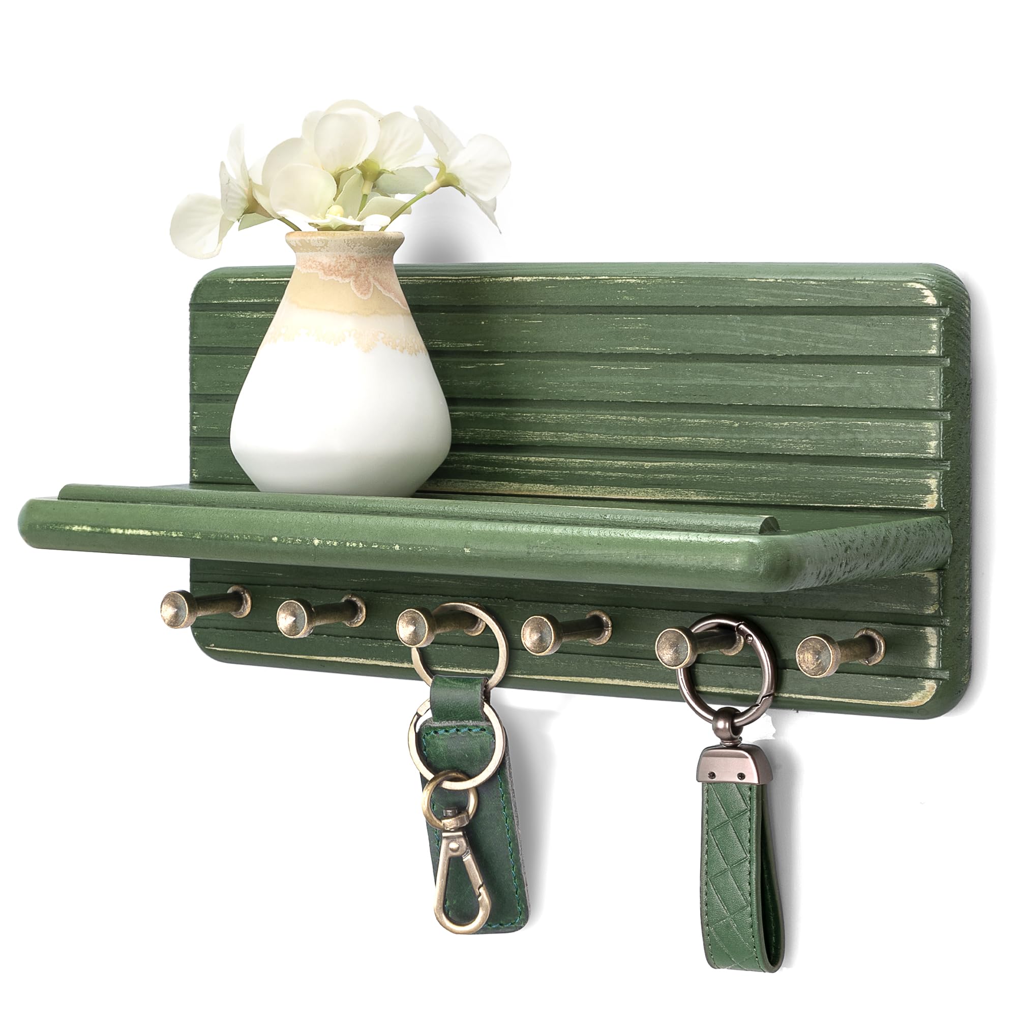 Rebee Vision Pine Wooden Key Holder Wall Mount for Home Decor – Decorative Key Holder for Wall with 6 Hooks & Floating Shelf – Rustic Organizer for Room Decor Aesthetic (Green) — image 1