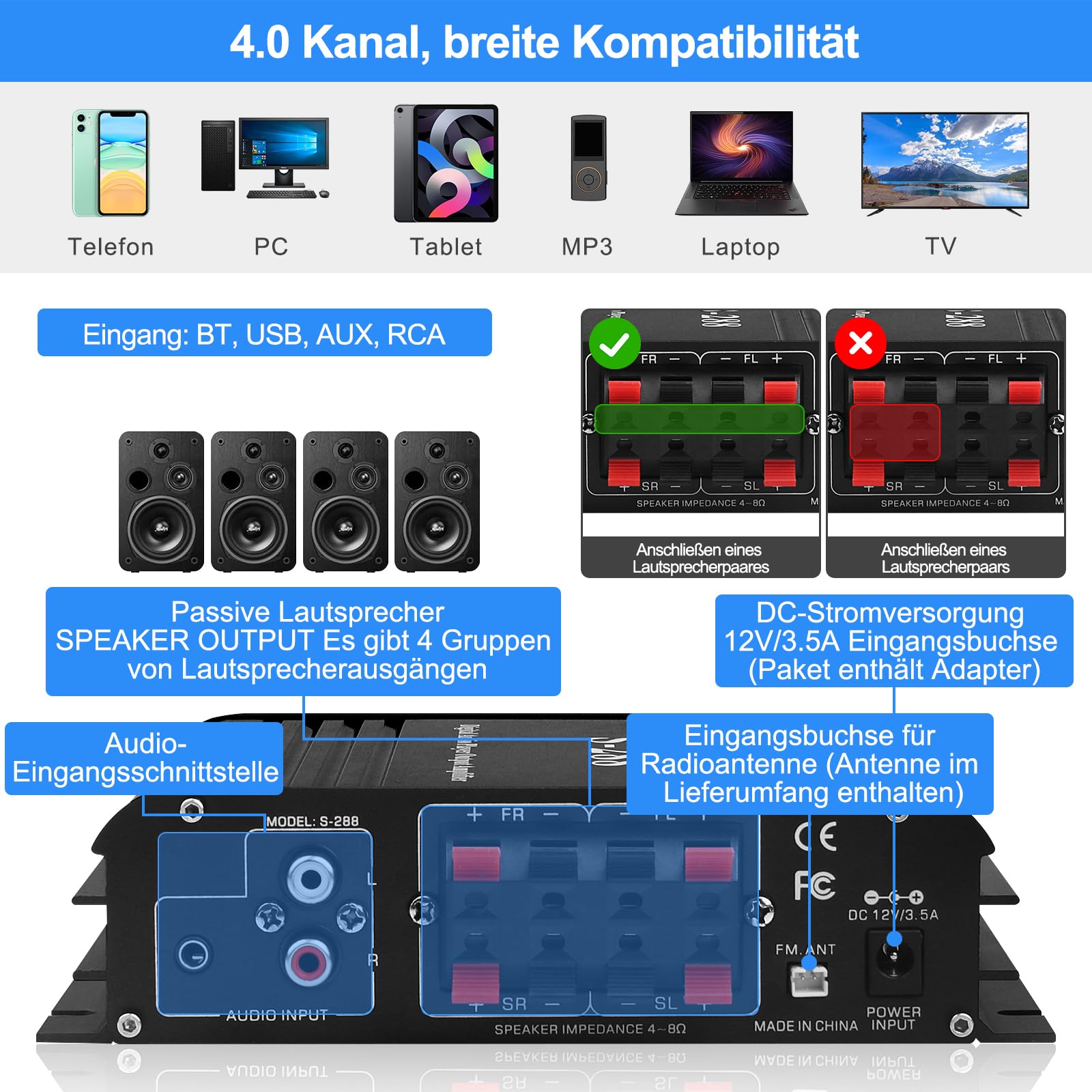 Amplificatore Audio, S-288 600W Mini Bluetooth Hifi Stereo Audio Amplificatore Ricevitore 12V/220V 4 Canali Stereo Casa di Potenza Digitale w/Display LCD,Radio FM,BT,Ingresso USB,per Casa o Auto