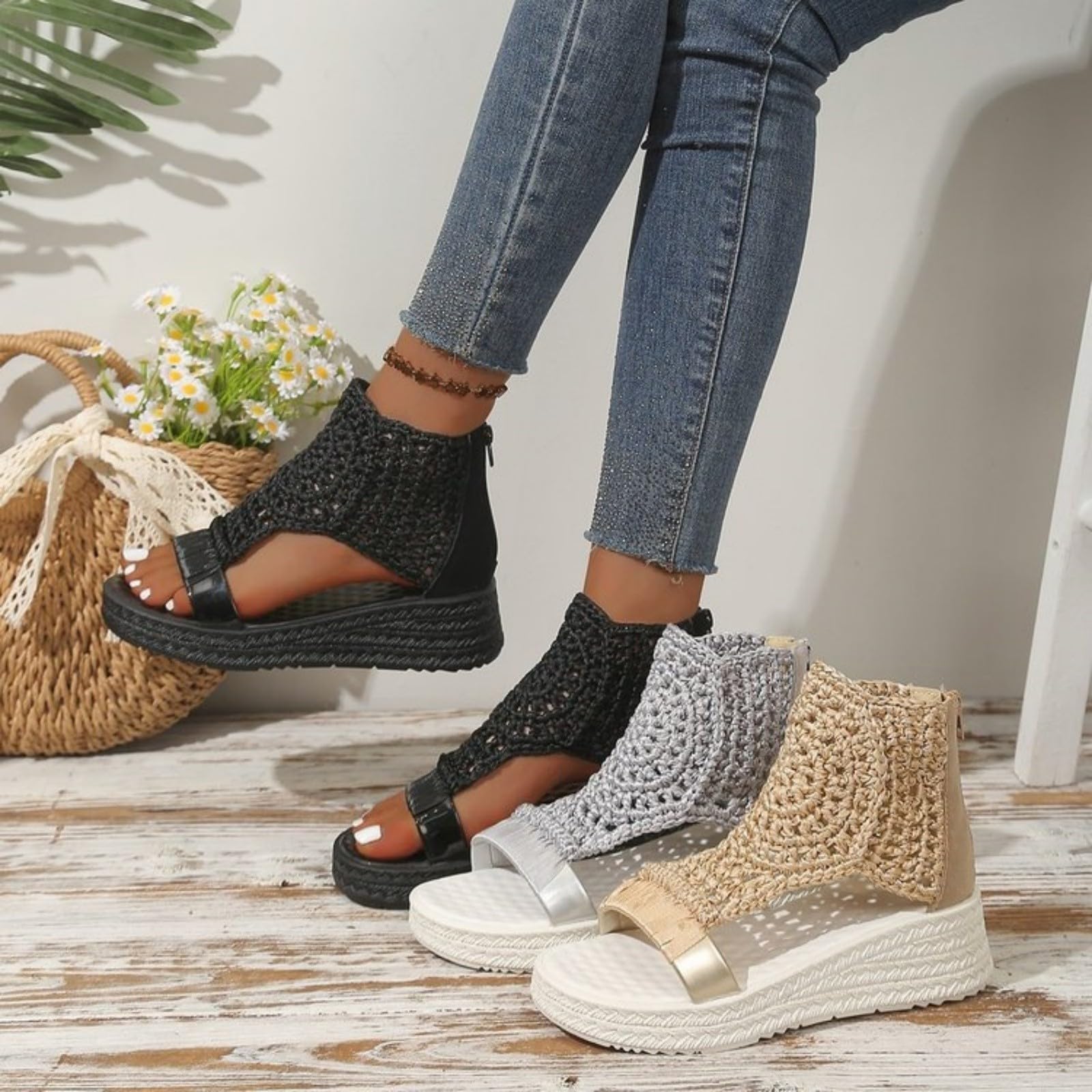 Sandalias Tacón Plataforma Mujer, Sandalias Tacón plano Cremallera