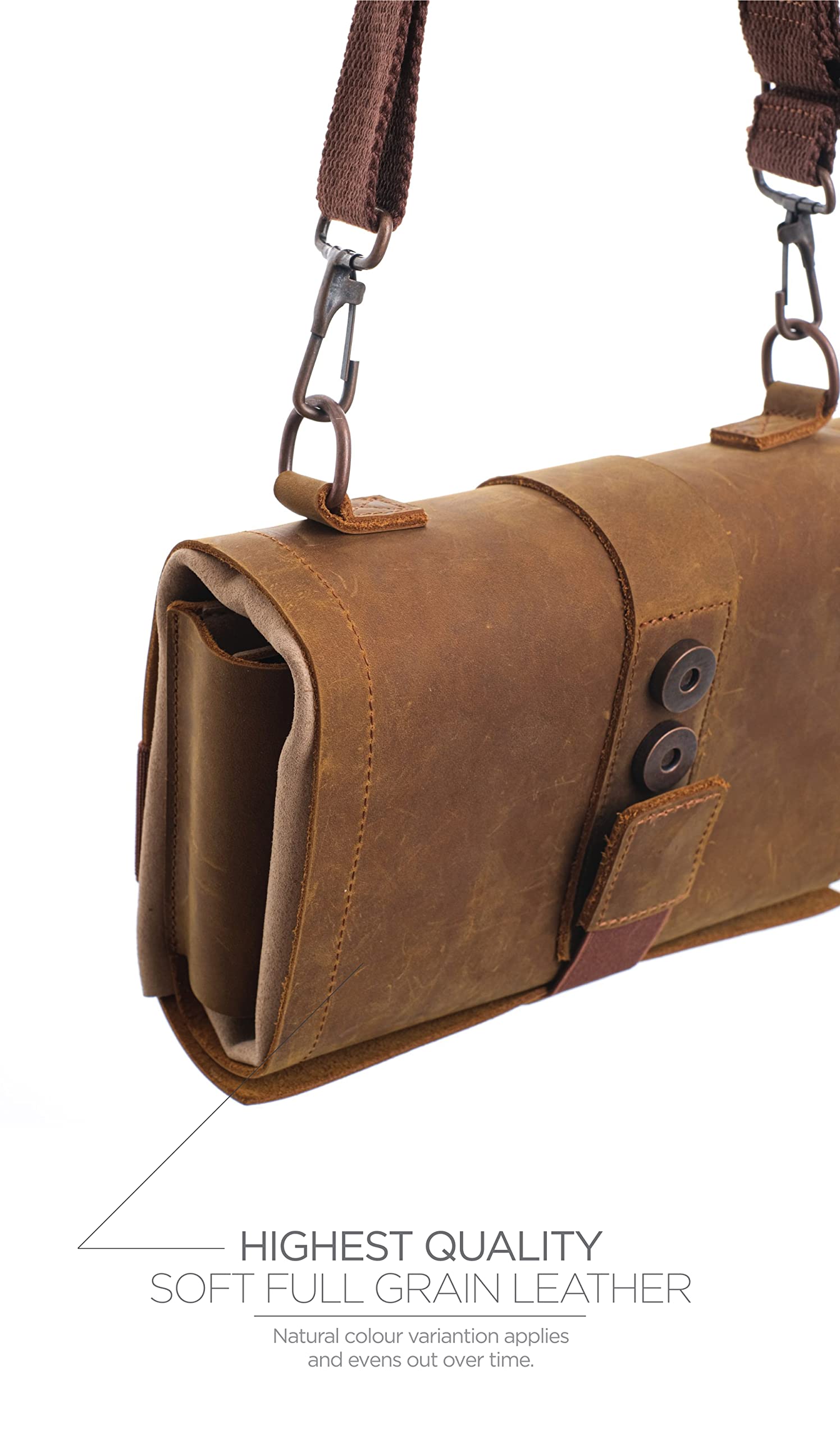 Deluxe Leder Stifterolle - Große Federmäppchen Kapazität, Buchgurt & Reißverschlussetui - Für Stifte, Pinsel & mehr - Nachhaltiges Vollrindleder, Braun - Kein Platz für Prokrastination