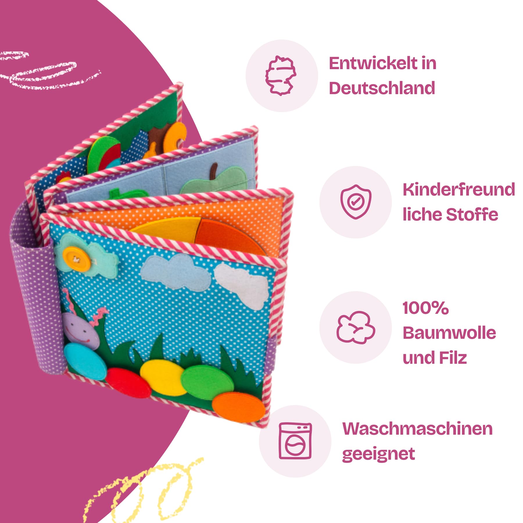 Jolly Designs – Bunte Raupe – 6 Seiten Quiet Book – Montessori Spielzeug ab 18 Monaten – Motorik & Sensorik fördern – Handgefertigtes Filzbuch – Lernspielzeug für Kleinkinder – Busy Book für unterwegs