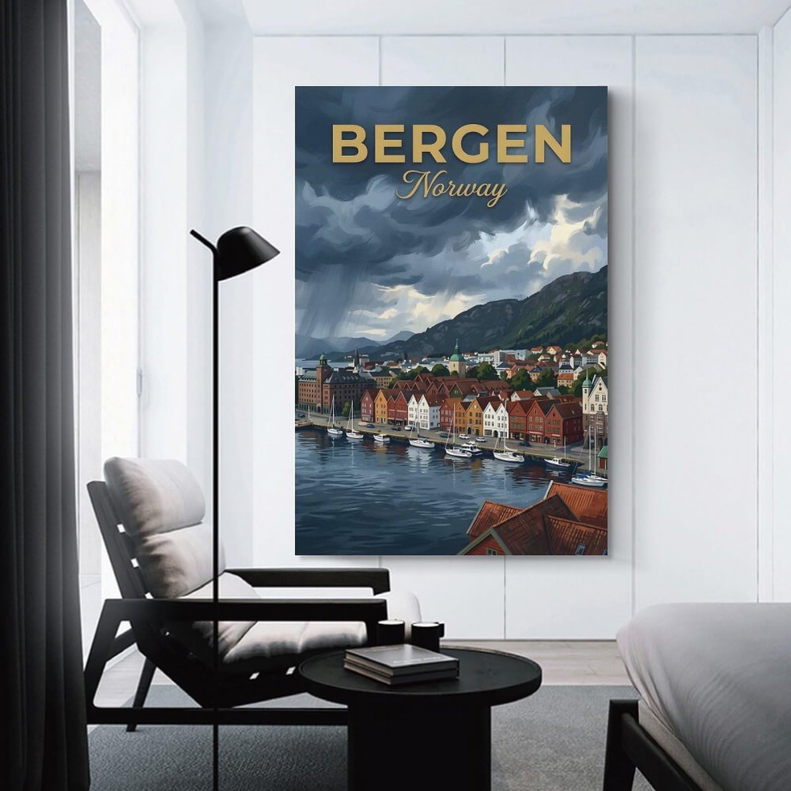 Junmoney Room Decor Wall Art Bergen Norway Vintage, 24x36inch(60x90cm), for Hallway, Bedroom Or Modern Interiors, Gift Idea for Housewarming And Birthdays