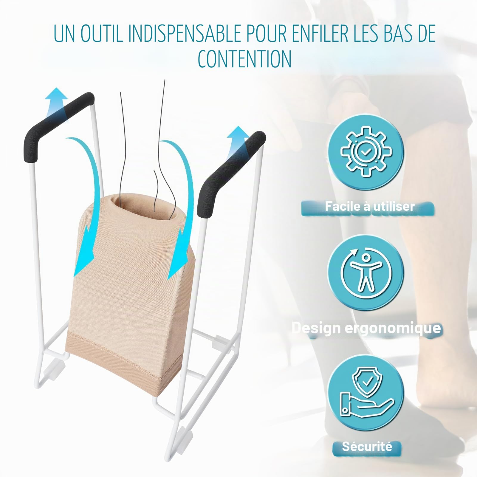 Glosaie Sock Aid Enfile-bas de contention Aide à l'enfilage des chaussettes de compression pour gros mollets de moins de 46 cm de circonférence Blanc