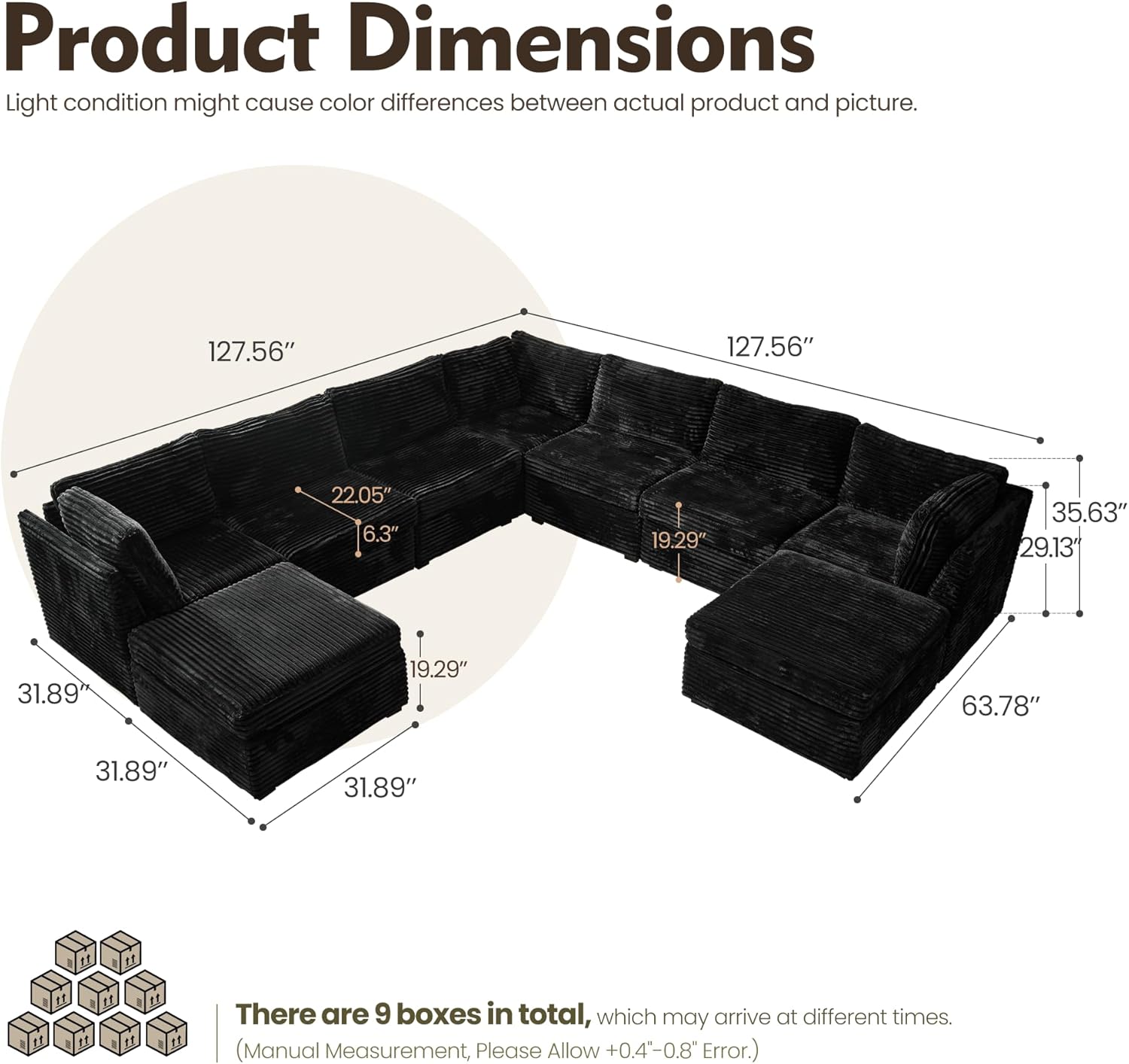 HOOOWOOO Modular Sectional Sofa,9 Pieces Sectional Couches for Living Room,130X130 L Shaped Cloud Couch with Ottoman Chaise Set(Black Velvet Corduroy)